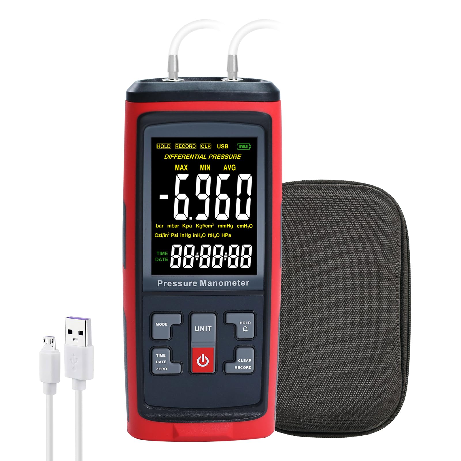 Manometer Data Logger Digital Manometer Gas Pressure Tester with ±200 inH2O Measuring Range, Differential Pressure Gauge 13 Selectable Units Manometer