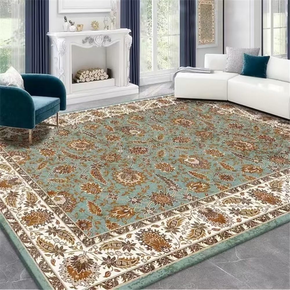 Tapis bleu clair 200x250cm antidérapant avec motifs floraux géométriques pour salon et chambre