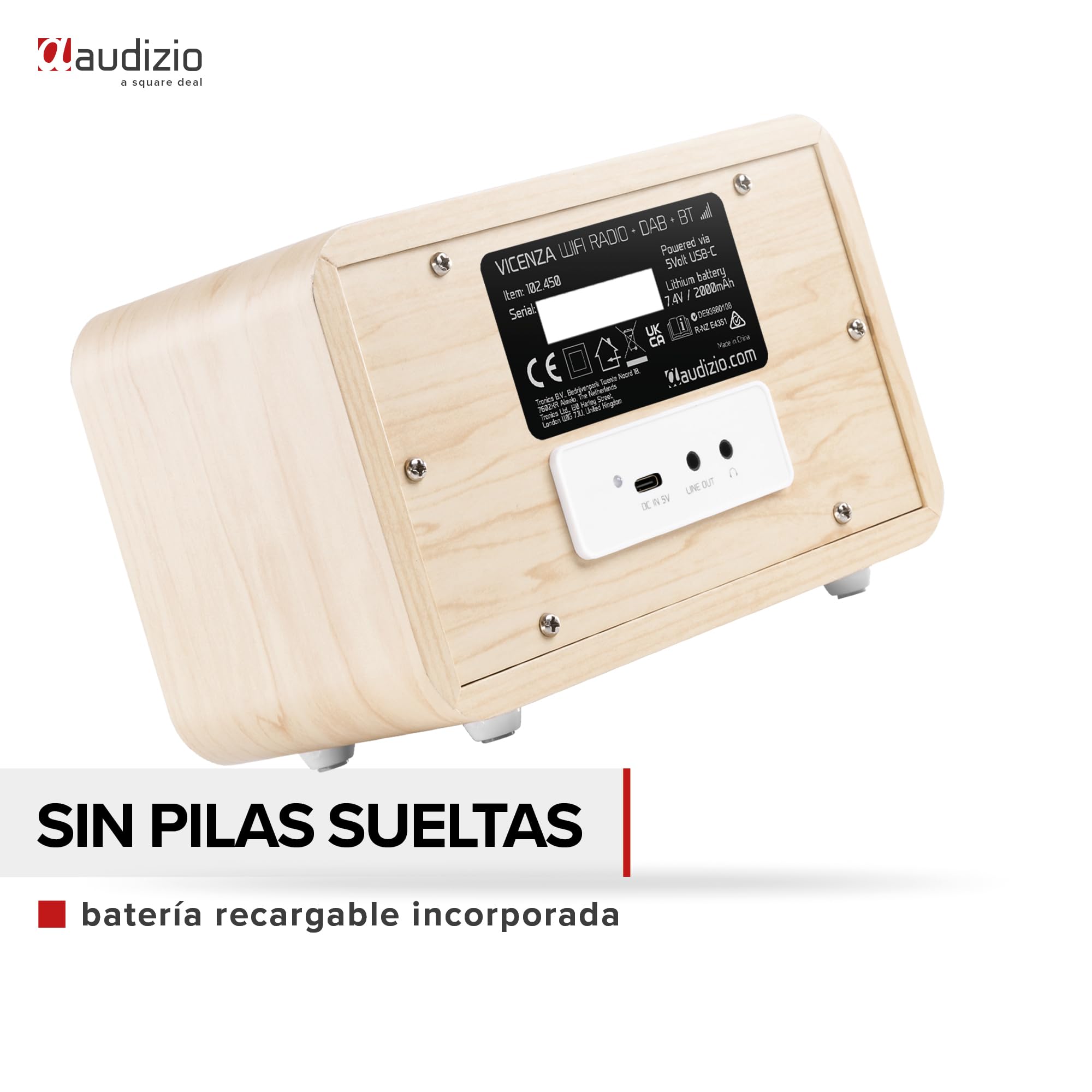 Audizio Vicenza - Radio Digital Dab+/FM e Internet con Bluetooth 5.0, batería Recargable de 10h, Pantalla a Color, Ideal para Cocina, Viajes o Escritorio, diseño Compacto en Blanco con WiFi Integrado