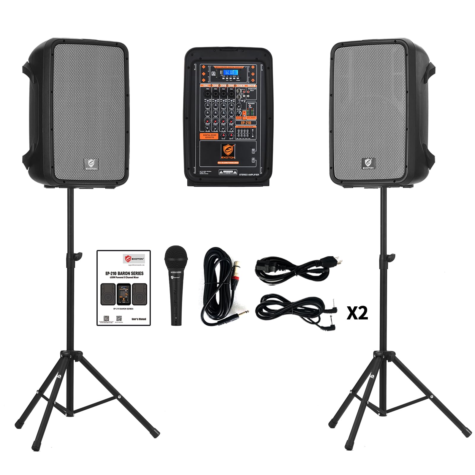 EXOTON 10inch PA System with 8-Channel Mixer,Portable 600W Bluetooth Speakers,USB/SD/FM/5-band EQ, Includes 2 Speaker Stands/Mic/48V Phantom Power,for Indoor&Outdoor
