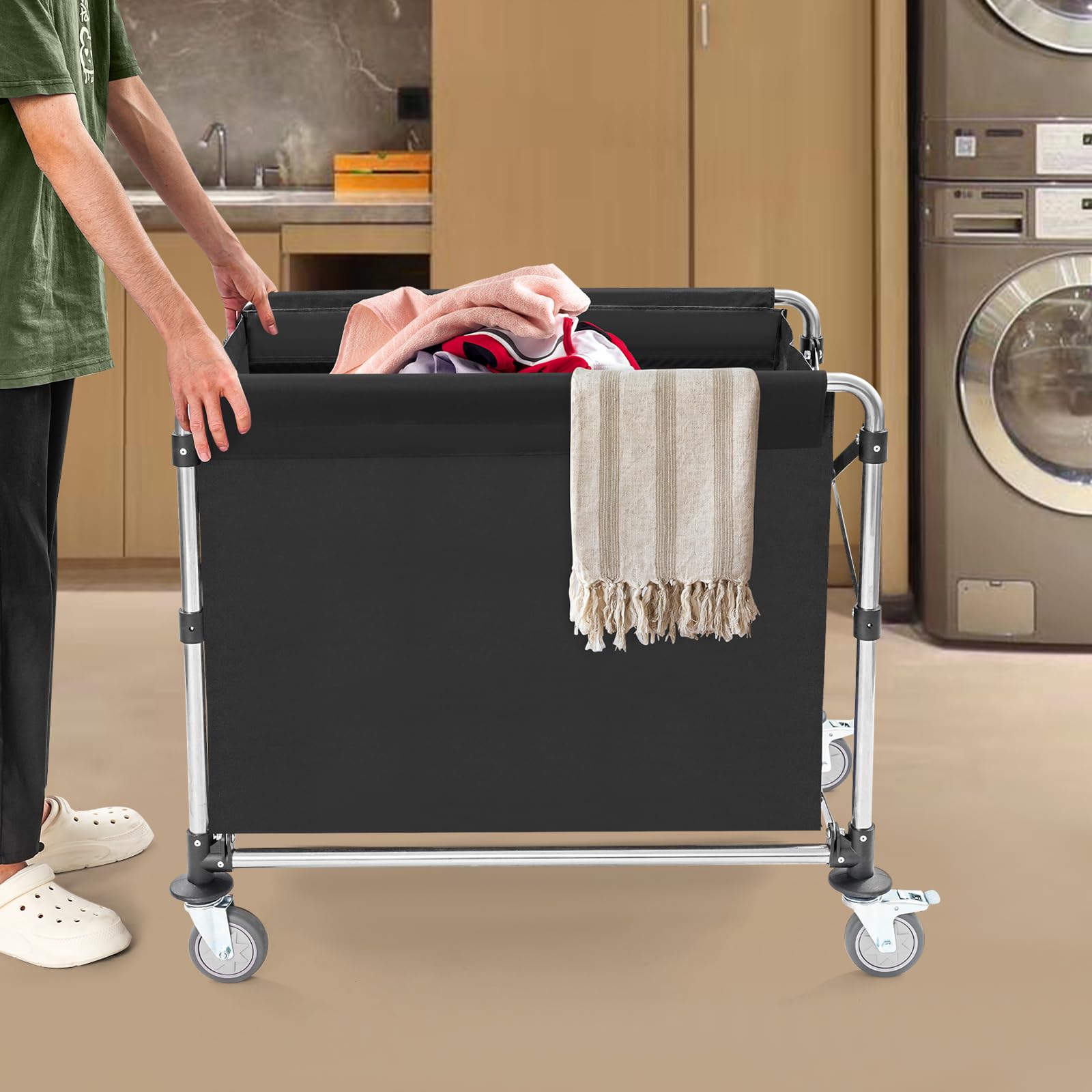 Carrello portabiancheria pieghevole in acciaio inox, portata 440 libbre, carrello portabiancheria con ruote e sacchetto Oxford, pieghevole, salvaspazio, 87 x 52 x 78 cm, per hotel, lavanderia, casa