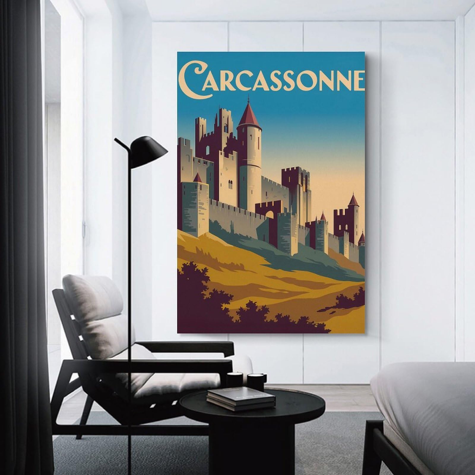 Junmoney Hanging Wall Art Carcassonne Castle Vintage Travel, 24x36inch(60x90cm), for Contemporary Homes, Apartments Or Offices, Stylish Wall Art for Fresh Spaces