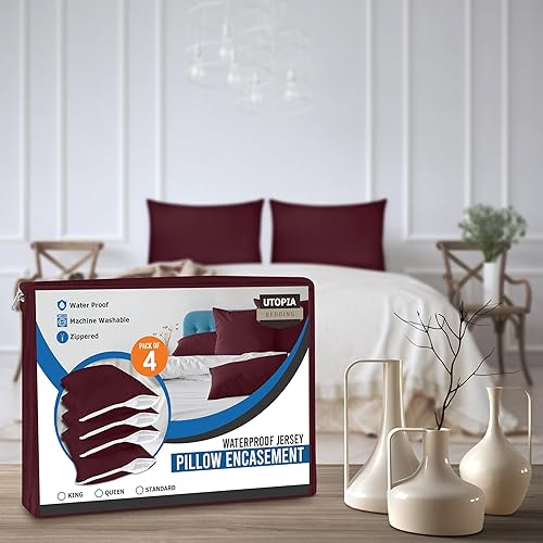 Miniatura 6 de Utopia Bedding Protector de almohada impermeable con cremallera (paquete de 4) estándar burdeos  Funda de almohada a prueba de chinches de 20 x 26