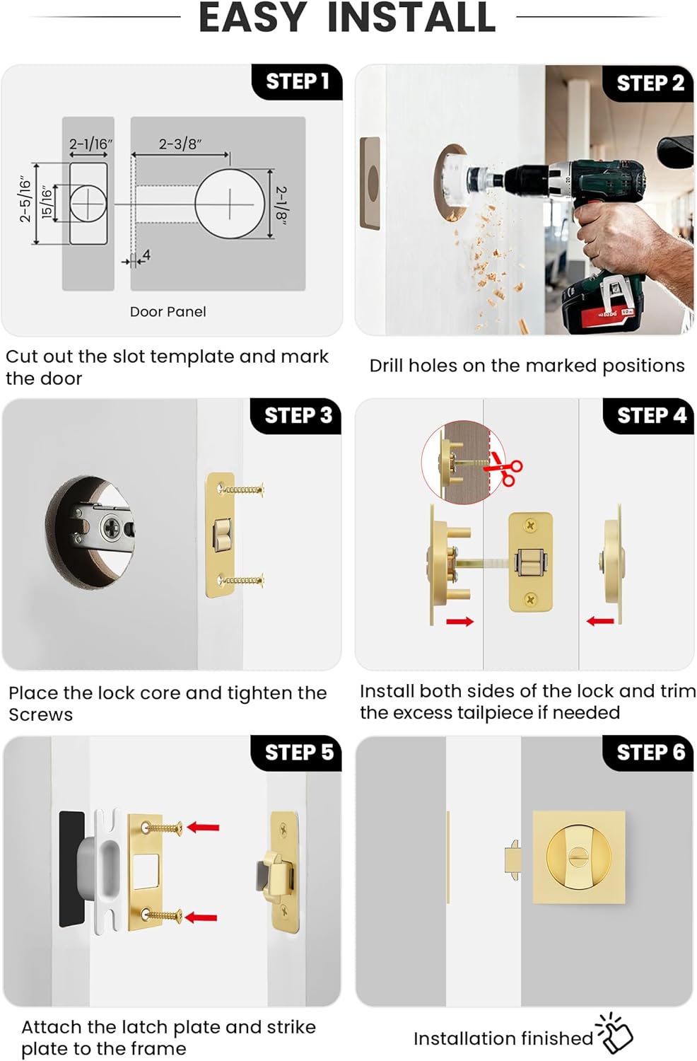 goldenwarm Brushed Gold Square Pocket Door Lock, Pocket Door Hardware for 2-1/8'' Round Bore Hole, Pocket Door Handles Fit 1-1/4'' to 2'' Thickness Sliding Door 2-3/8'' Latch 1 Pack