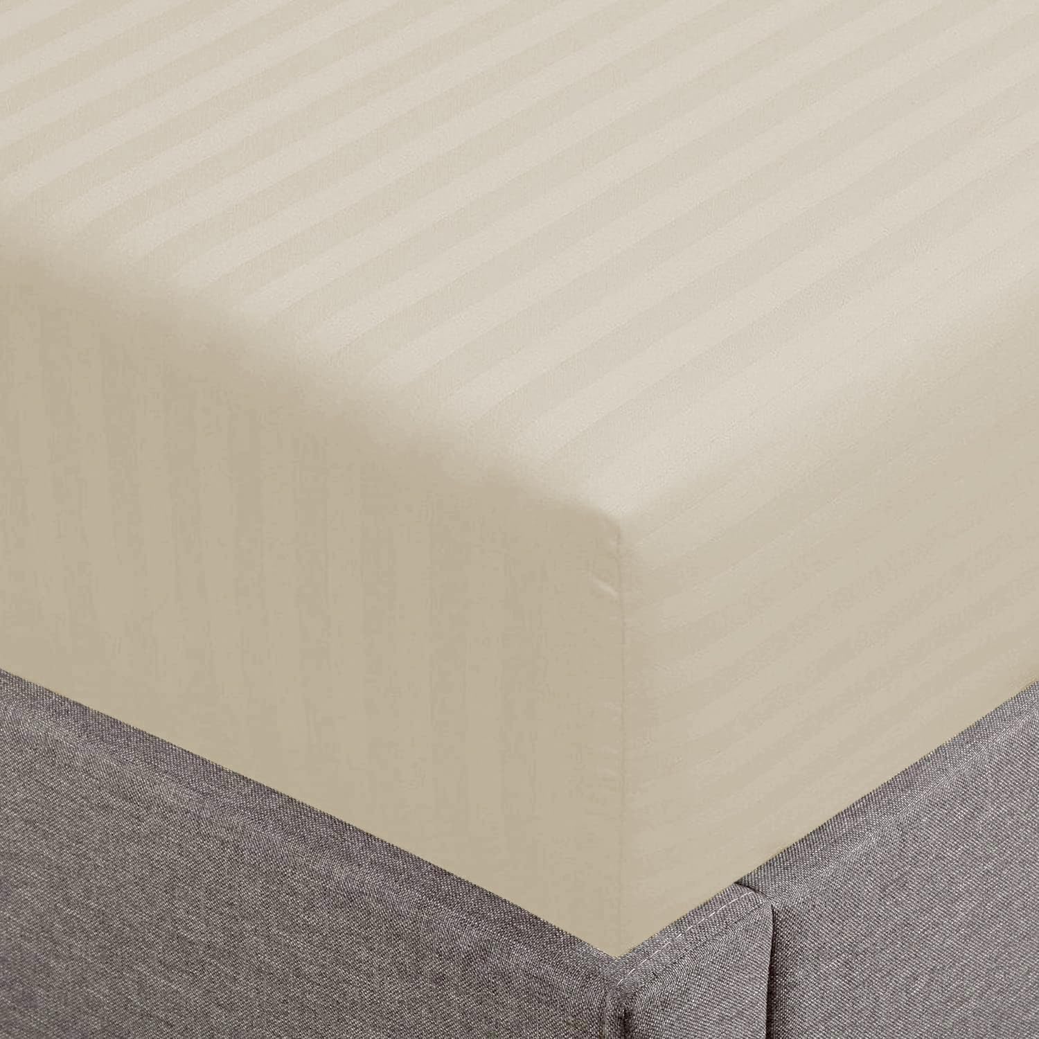 Feather & Stitch 1 Piece Fitted Sheet Full Size, 100% Cotton Damask Sateen Weave, Striped Breathable, Stretchable Elastic Sheet for Mattress 18 inch