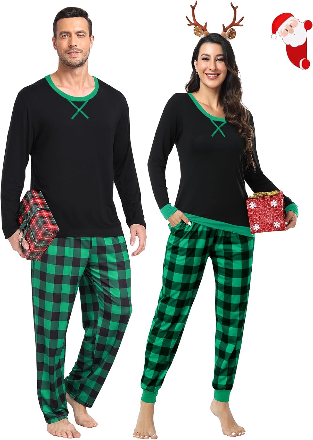Matching Christmas Pajamas for Couples Long Sleeve Plaid Pajama Set for Men Women Sleepwear with Pockets S-3XL