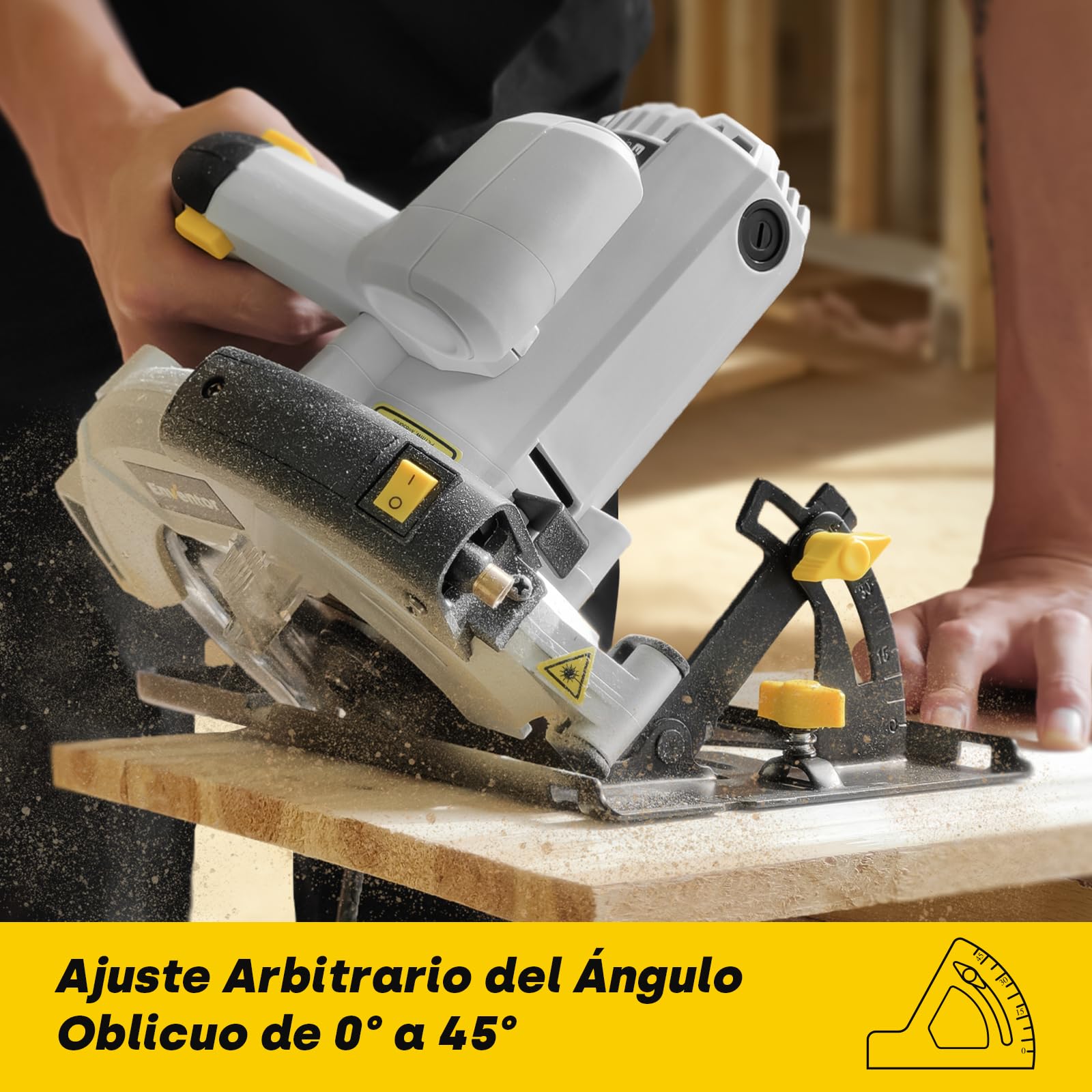 Enventor Sierra Circular 1200W, Sierra Circular de Mano 5800RPM, 2 Hojas de Sierra de 24T+40T(Ø185mm), Corte 62mm(90°)/42mm(45°), Guía Láser, para Cortar Madera, Metal Blando, Plástico