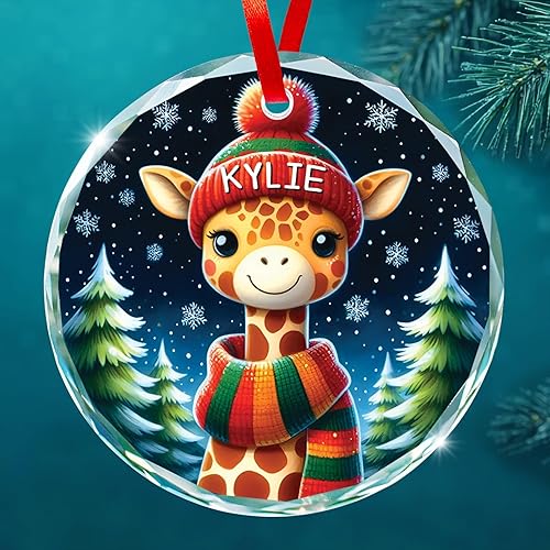 Adorno de cristal de jirafa con nombre personalizado, regalo de adorno de Navidad personalizado para amantes de las jirafas, adornos de Navidad