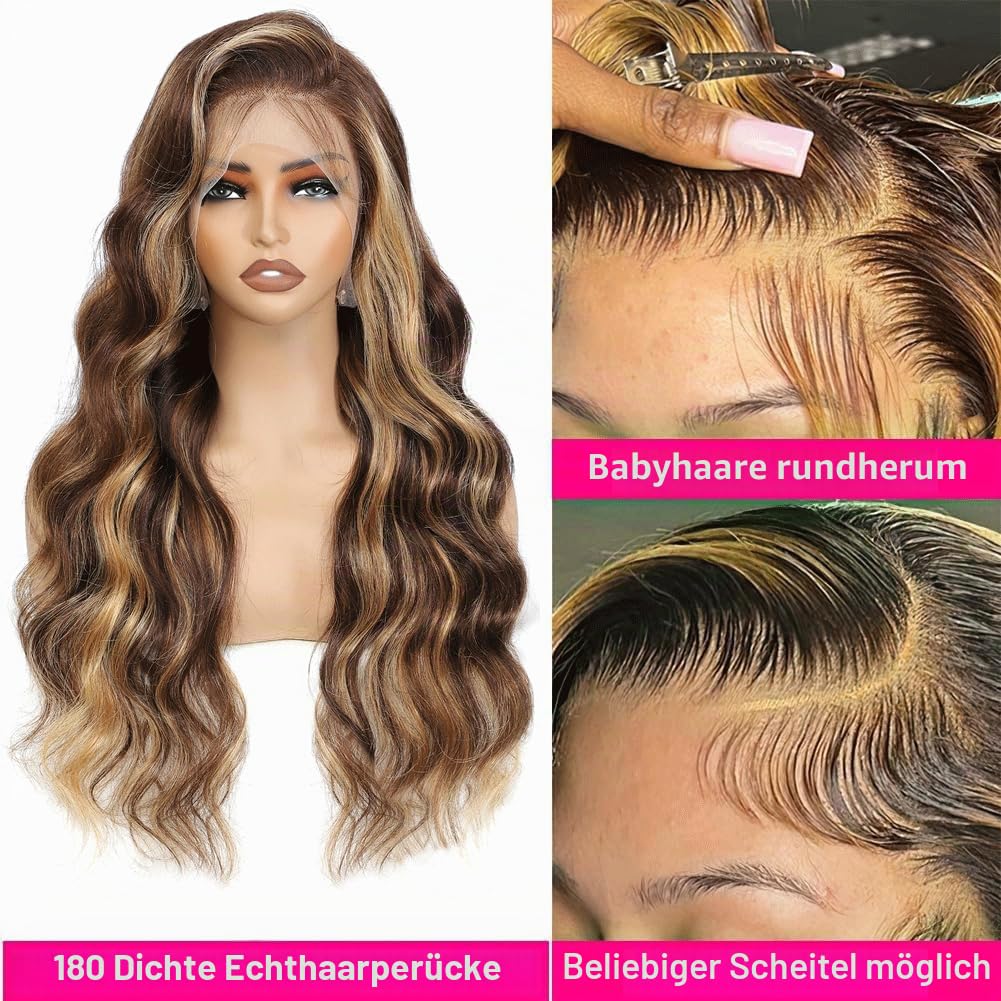 18 Inch(46cm) Ombre Highlight Perücke Damen Natürliche brasilianische Body Wave Echthaarperücke, 13x4 HD Lace Front Perücke Echthaar, P4/27 Ombre Glueless Echthaarperücke