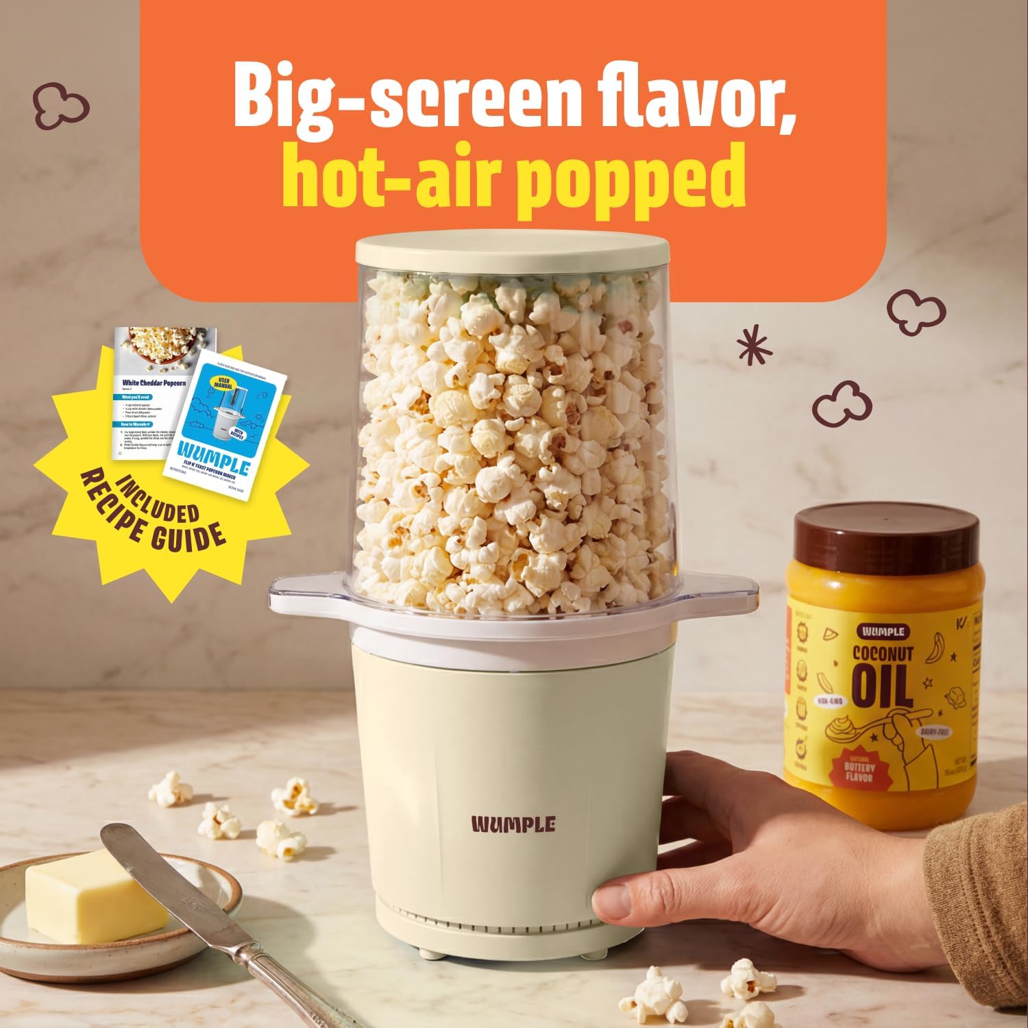 Air Popper Popcorn Machine - 10-Cup Air Pop Popcorn Maker with Measuring Cup - Hot Air Popped Oil-Free Compact Popcorn Popper - Movie Nights & Parties - Cream