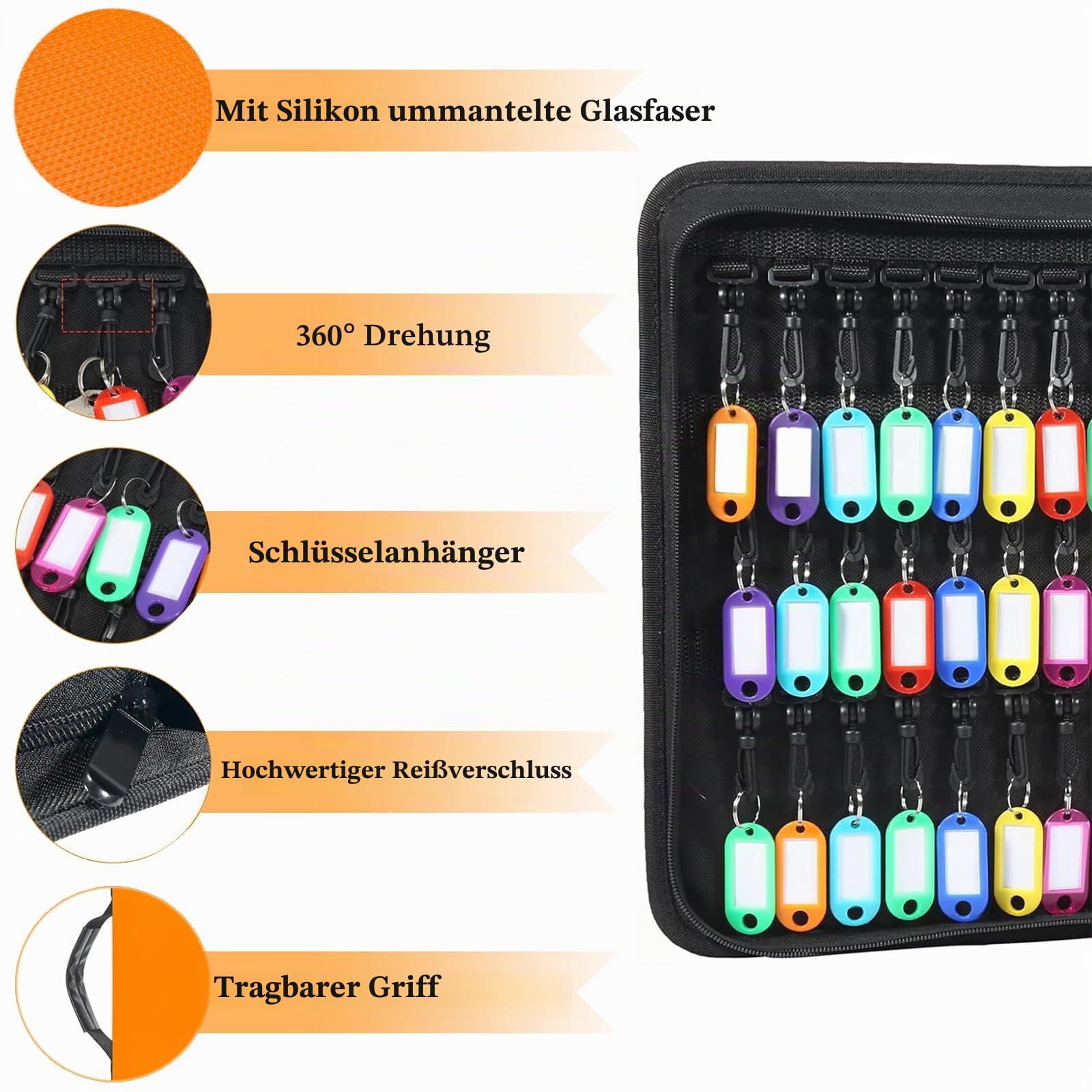 Hodufy Tragbares Schlüsseletui mit Reißverschluss, Tragbarer Schlüssel-Organizer mit Griff, Wasserdichter und Feuerfester Schlüsselbinder mit 54 Haken und Etiketten, Schlüsselbox-Organizer