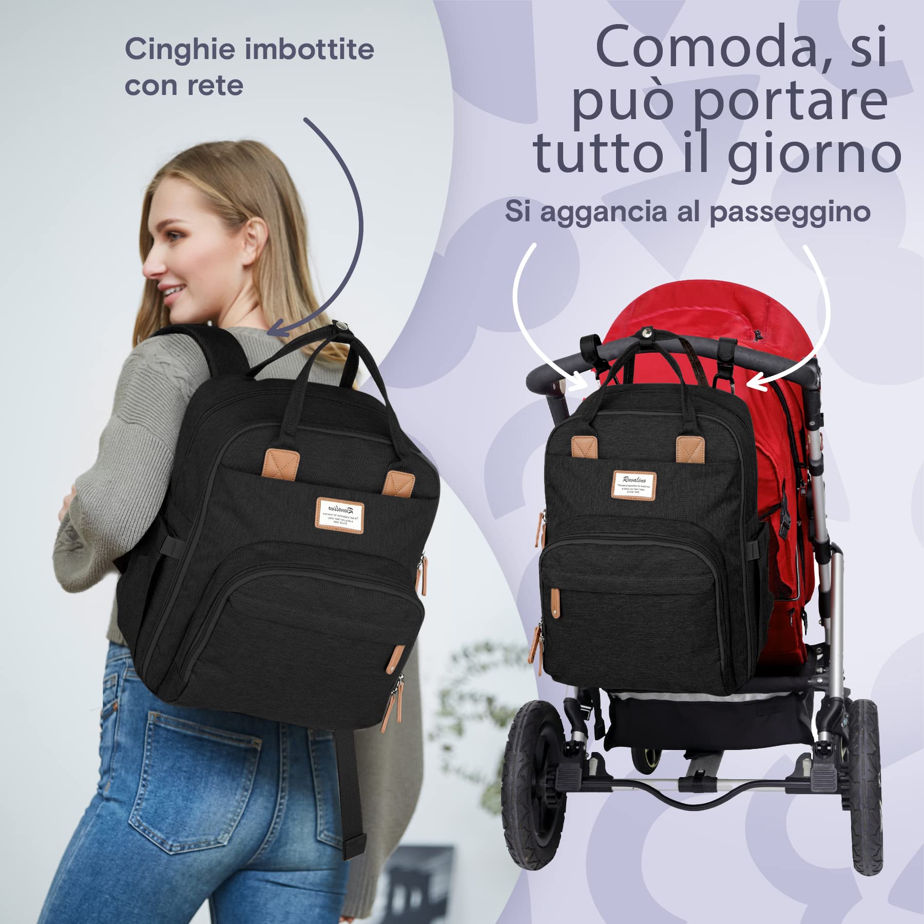 RUVALINO Zaino Fasciatoio per Mamma e Neonato Borsa Fasciatoio per Pannolini, Grande Borsa Maternità con 16 Scomparti, Include Fasciatoio Portatile, Tasca Termica per Biberon