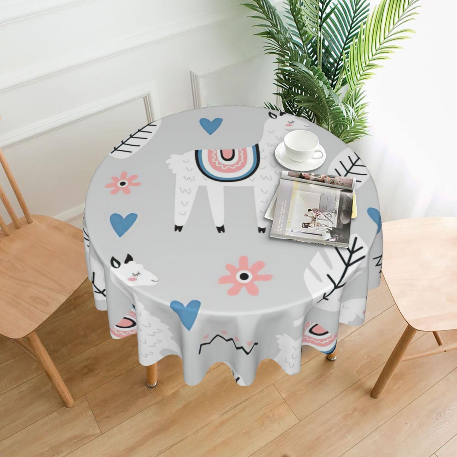 Uusnwaa Alpaca Print Round Tablecloth 60 Inch, Stain Wrinkle Resistant Washable Polyester Table Cover For Kitchen Party