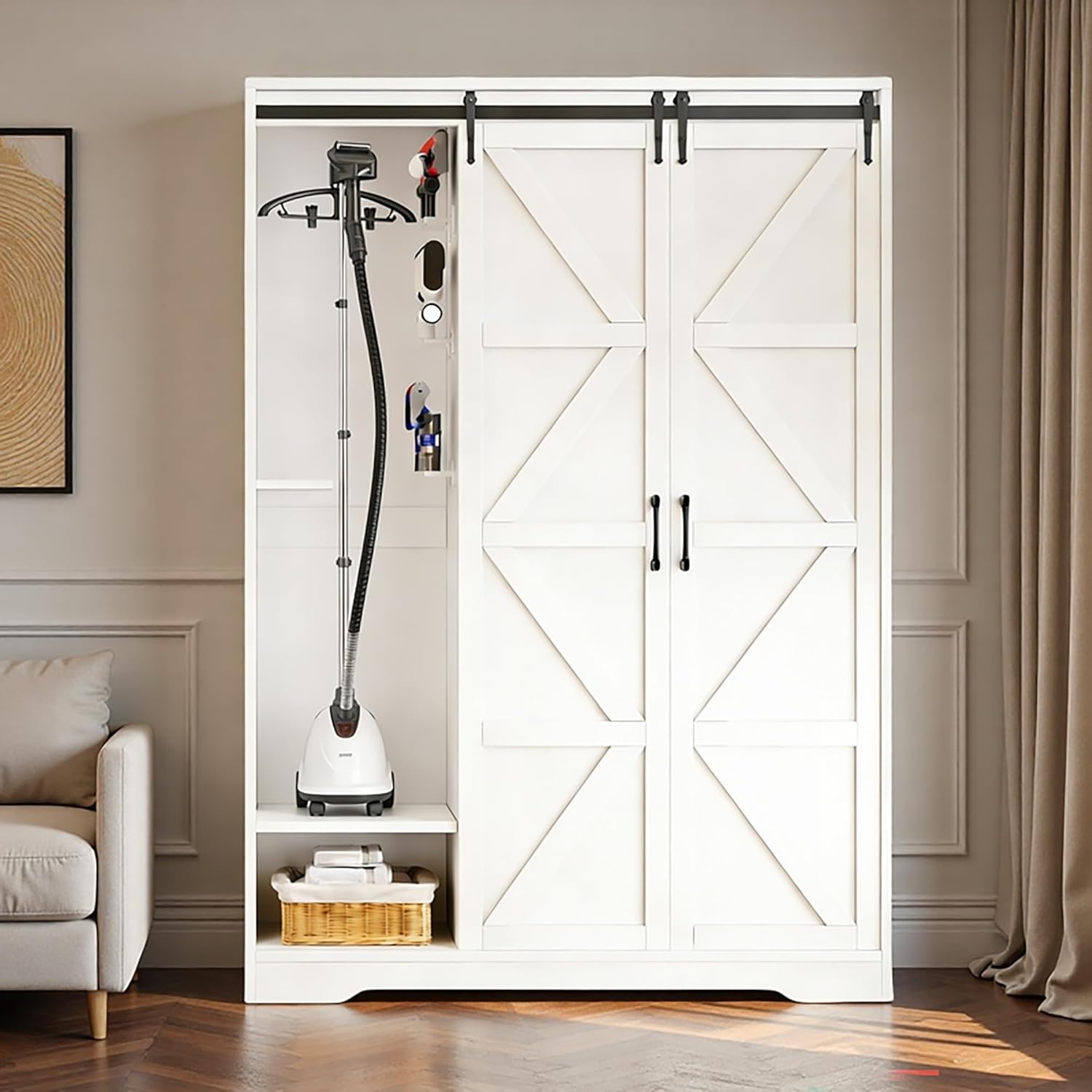 Broom Closet Storage Cabinet, 67" H Wooden Vacuum Storage Cabinet, Utility Closet with Sliding Door, Cleaning Tool Organizer with Shelf and 6 Pack Broom Holder, 67.1" H×47.2" W×15.7" D, White