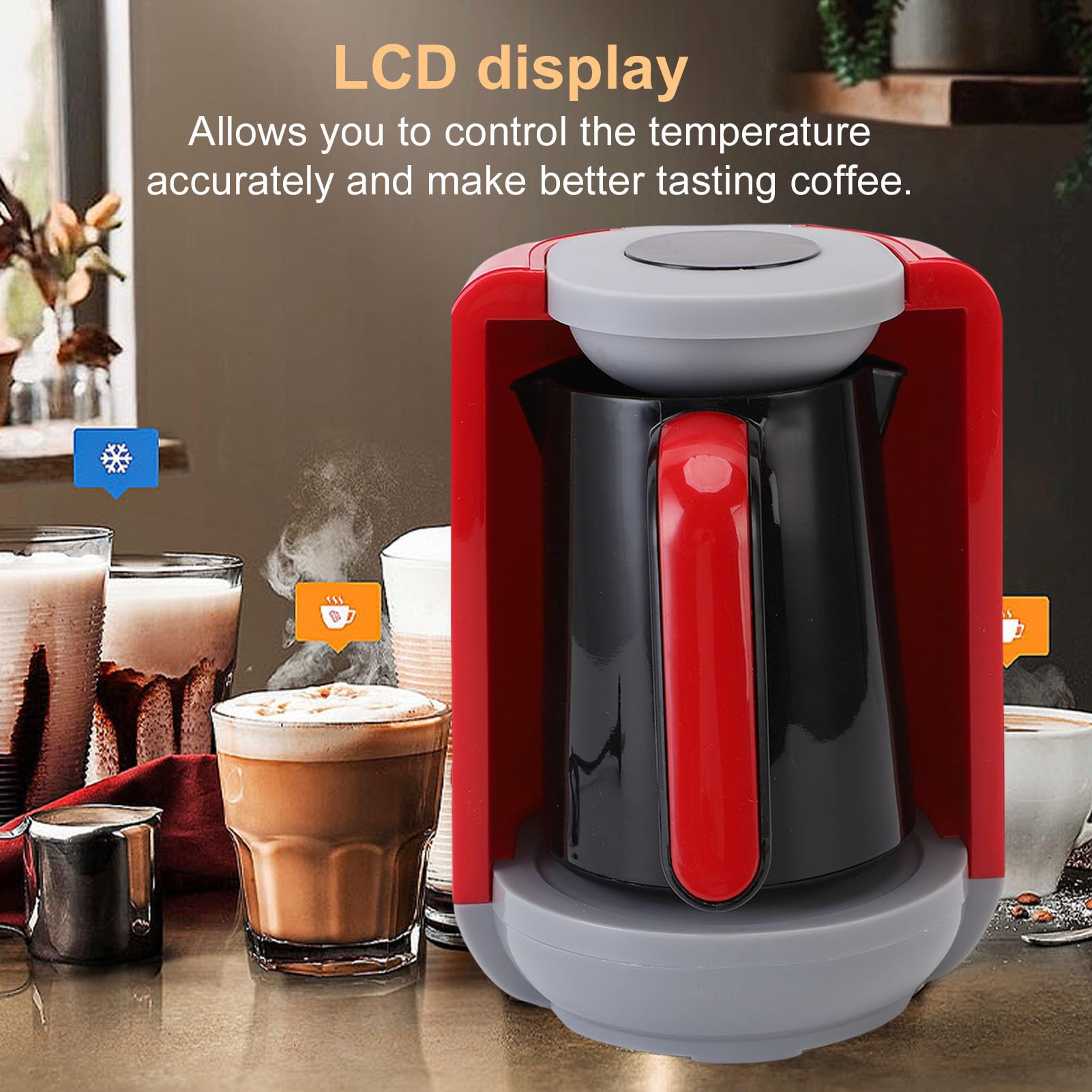 Türkische Kaffeemaschine, 5 Tassen Elektrische Türkische Kaffeemaschine mit 3 Heizung, LCD Display Flip Top, Tragbarer Heißer Getränkehersteller für Griechische Kaffeekarten (EU-Stecker)