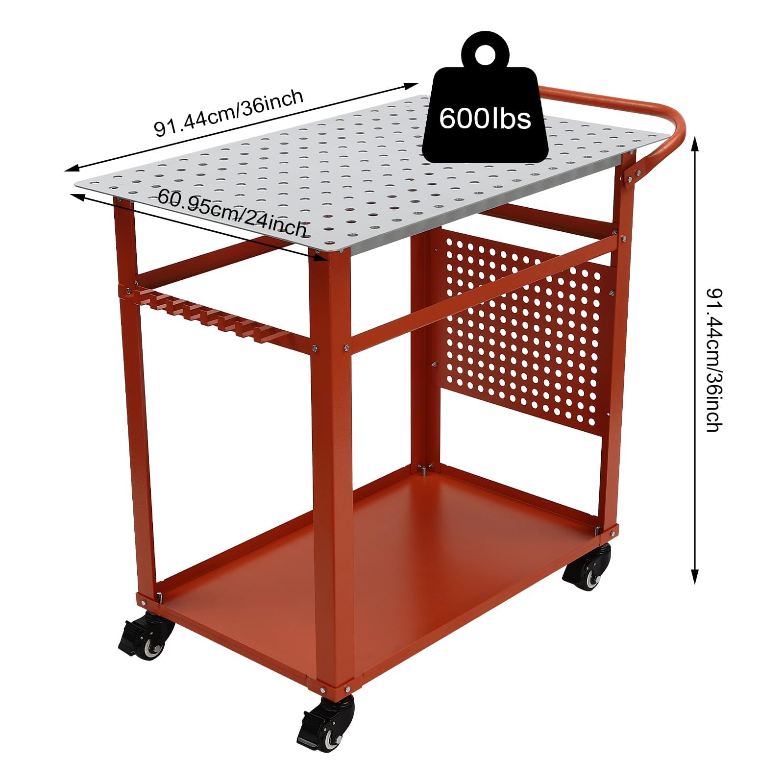 Mesa de soldadura portátil de 600 libras con 9 ganchos, banco de trabajo de soldadura de acero, 91,44 x 60,95 cm, banco de trabajo portátil con tabla de almacenamiento de doble capa