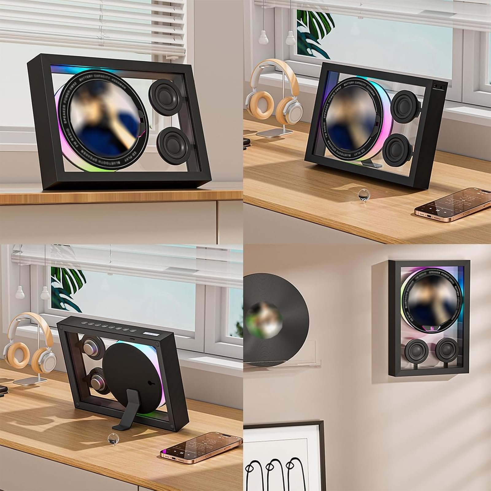 Reproductor de CD Bluetooth con control remoto, luz ambiental y marco de fotos decorativo de música, compatible con tarjeta TF/radio FM, 3 opciones de colocación para el hogar y la oficina
