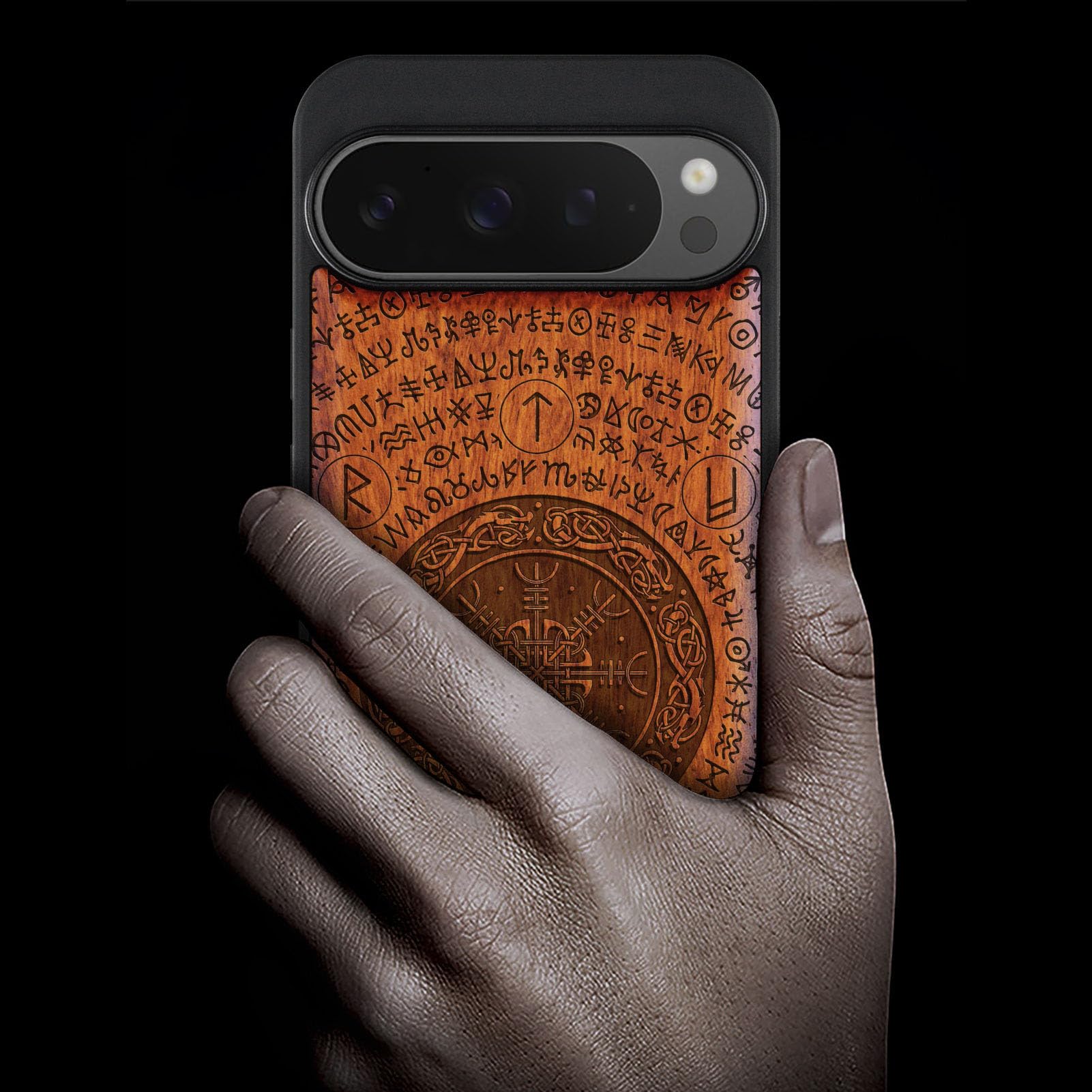 Carveit Magnetic Wooden Case For Google Pixel 9 Pro XL Case, Wood Artisan Engraved & Soft TPU Shockproof Cover, Compatible With MagSafe Wireless Chargers (Viking Amulet) Blackwood - View #9