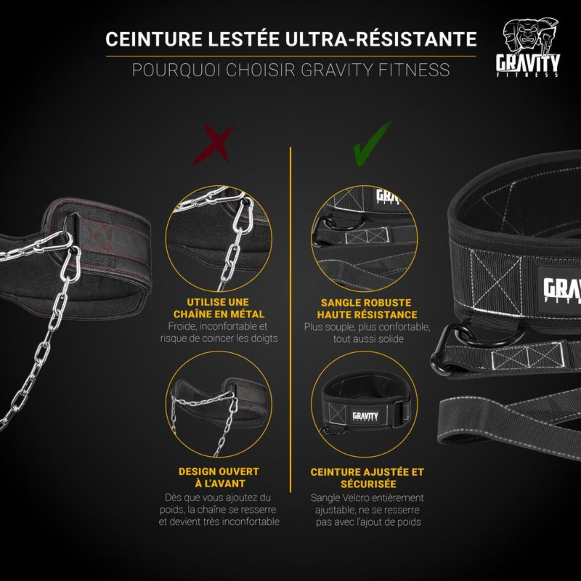 Gravity Fitness Ceinture d'entraînement 4 en 1 très résistante en Nylon Noir 76.2 cm à 91.4 cm