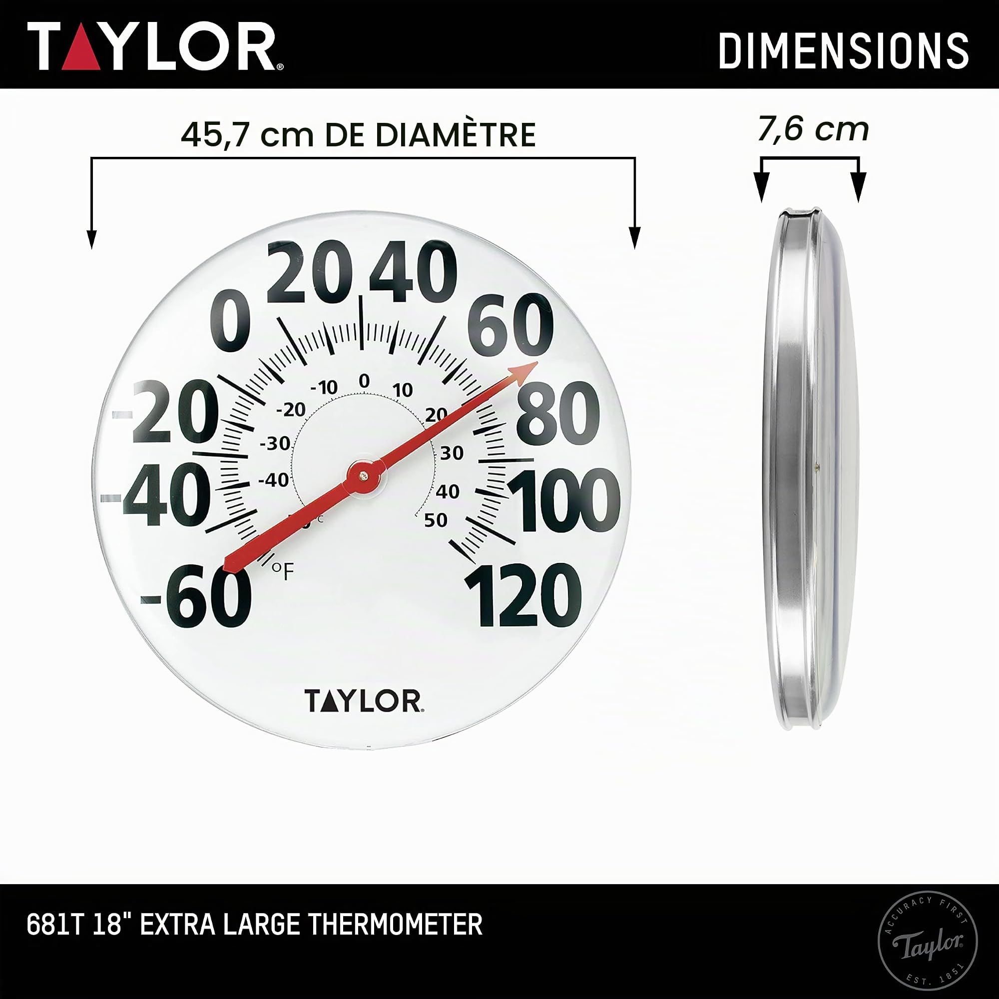 Taylor Thermomètre mural extra large en métal pour intérieur et extérieur, chiffres faciles à lire pour terrasse, piscine et zones intérieures, 45,7 cm, blanc