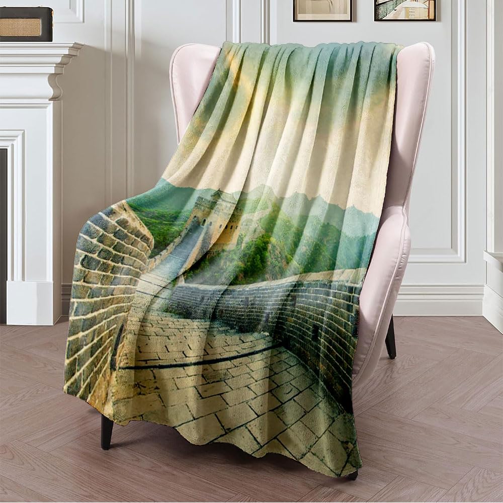 Fuzzy Fleece Throw Blanket Soft Cozy Plush Fuzzy Bed Blanket Majestic Oriental Famous Great Brick Wall Beijing China Nature Sunset Greatwall Landmarks Border Blankets for Couch Sofa Bed (50"x60")