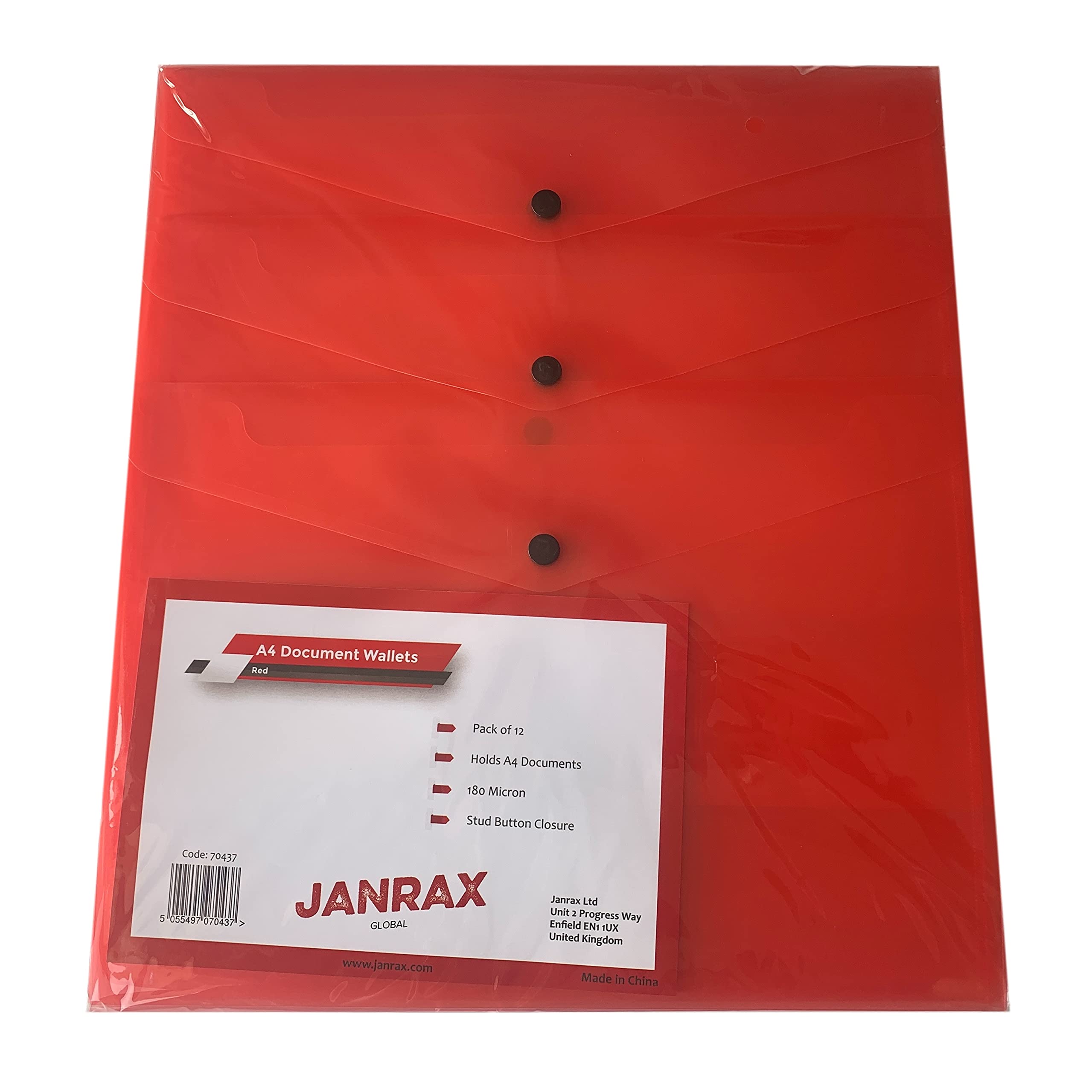 Pack of 36 Janrax A4 Red Document Wallets - Button Stud Folder