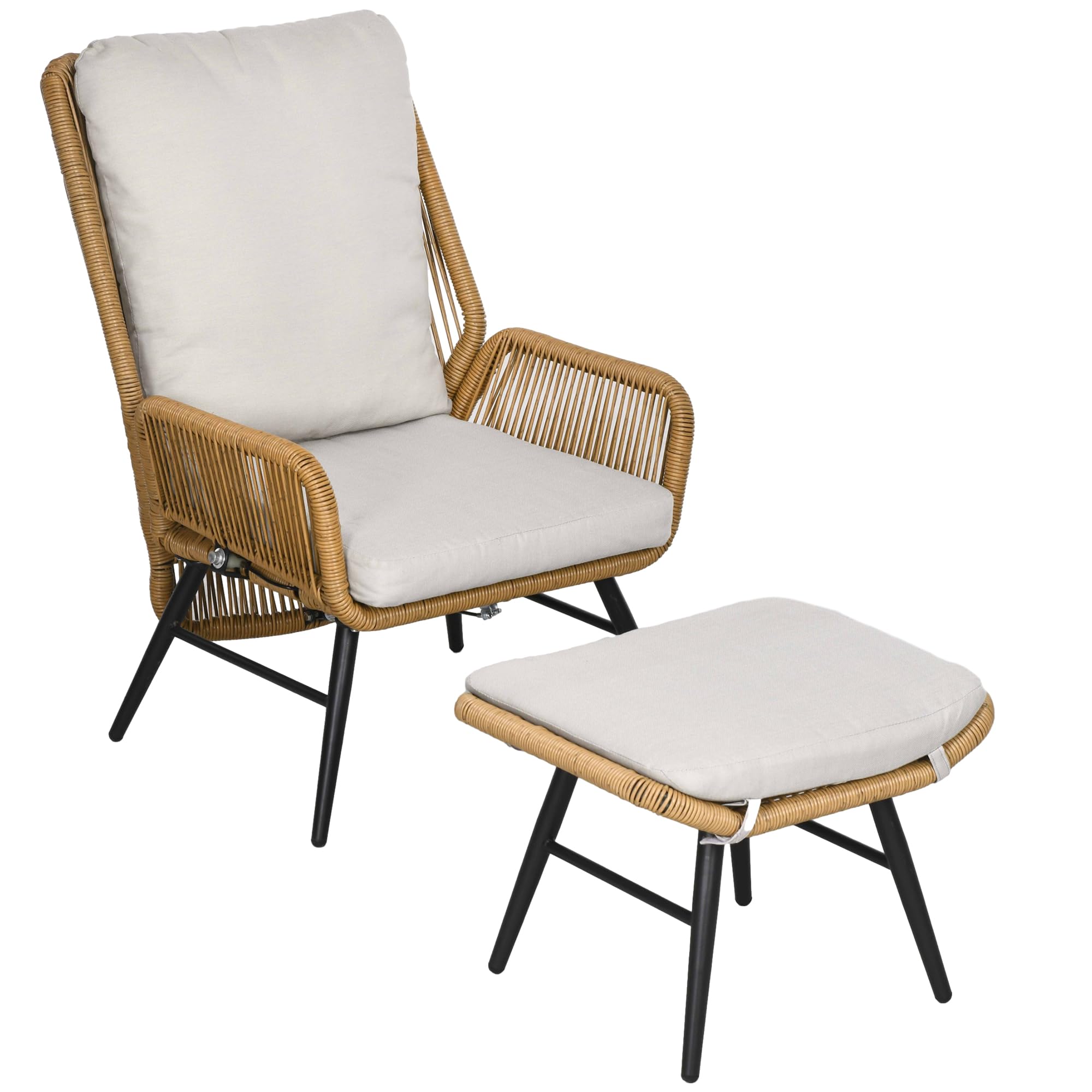 Outsunny Rattan fotel relaksacyjny z podnóżkiem, fotel ogrodowy z regulowanym oparciem, krzesło rattanowe z poduszką, do ogrodu, na balkon, stal, poliester, naturalny