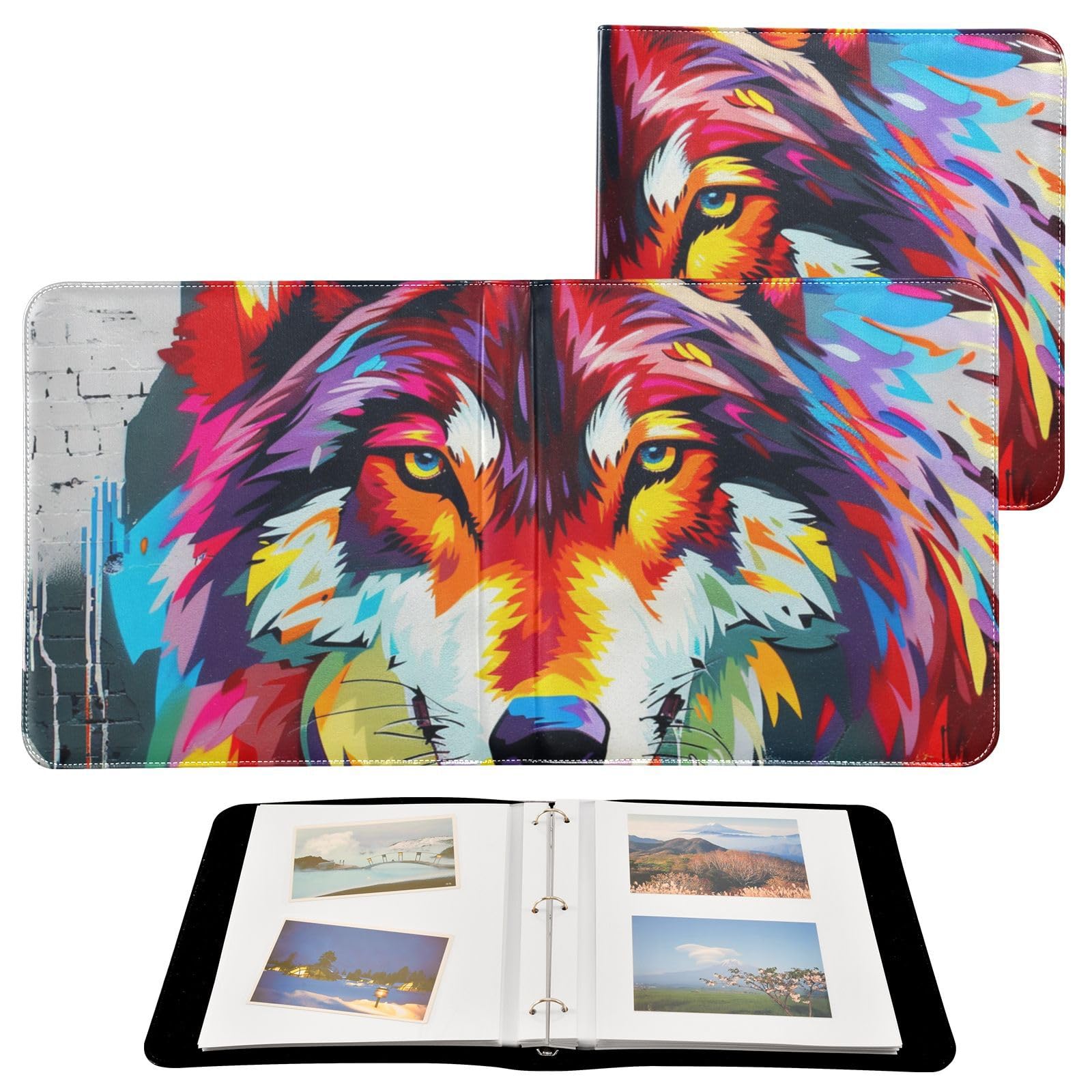 JIPONI Wolf Colorful Graffiti Large Photo Album, DIY Leather Cover Scrapbook Albums for 4x6 5x7 6x8 Pictures, Self Adhesive Memory Book for Wedding, Baby, Family