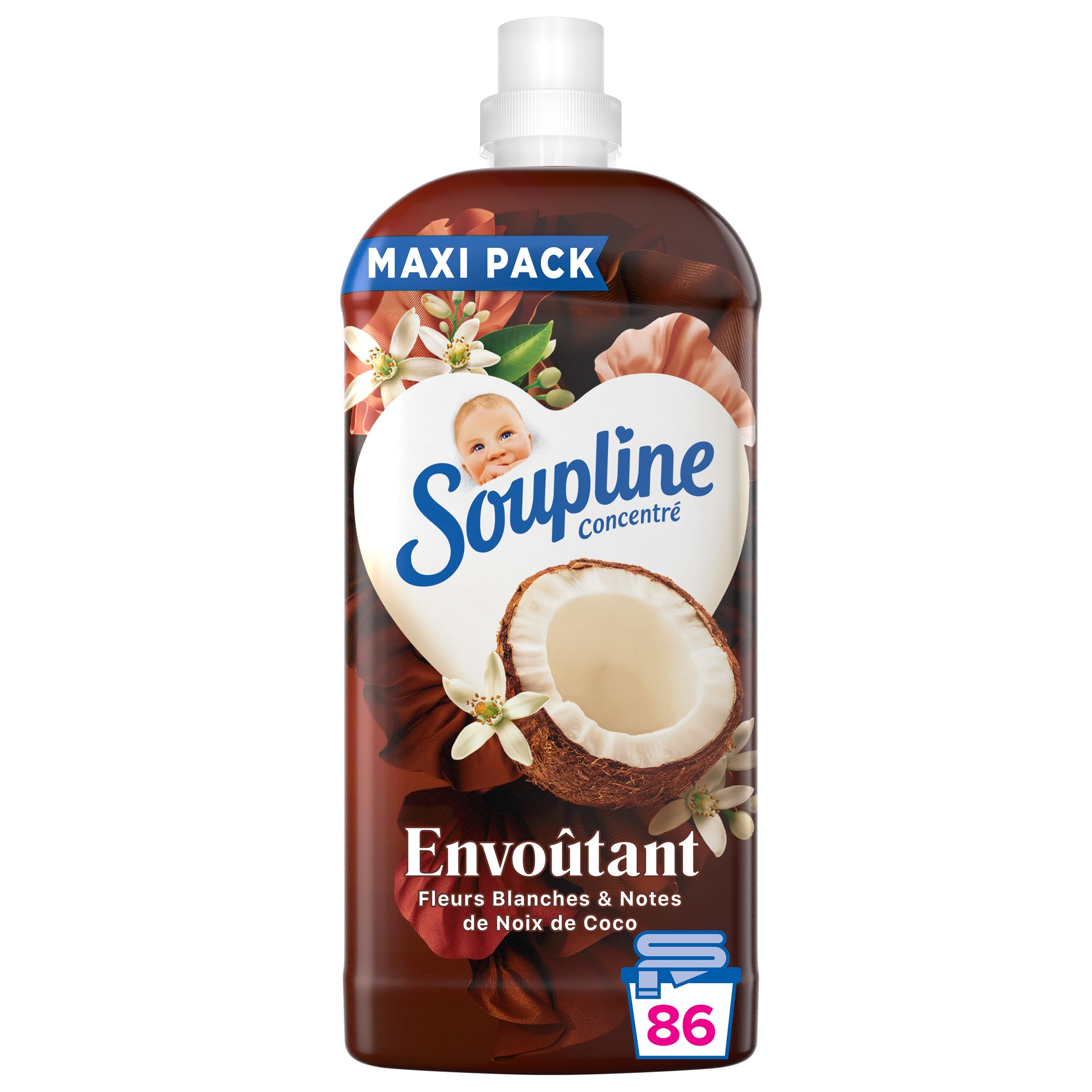 SOUPLINE - Adoucissant Concentré Ultra Emotion - Noix de Coco & Fleurs Blanches - Lot de 6 x 1,8L