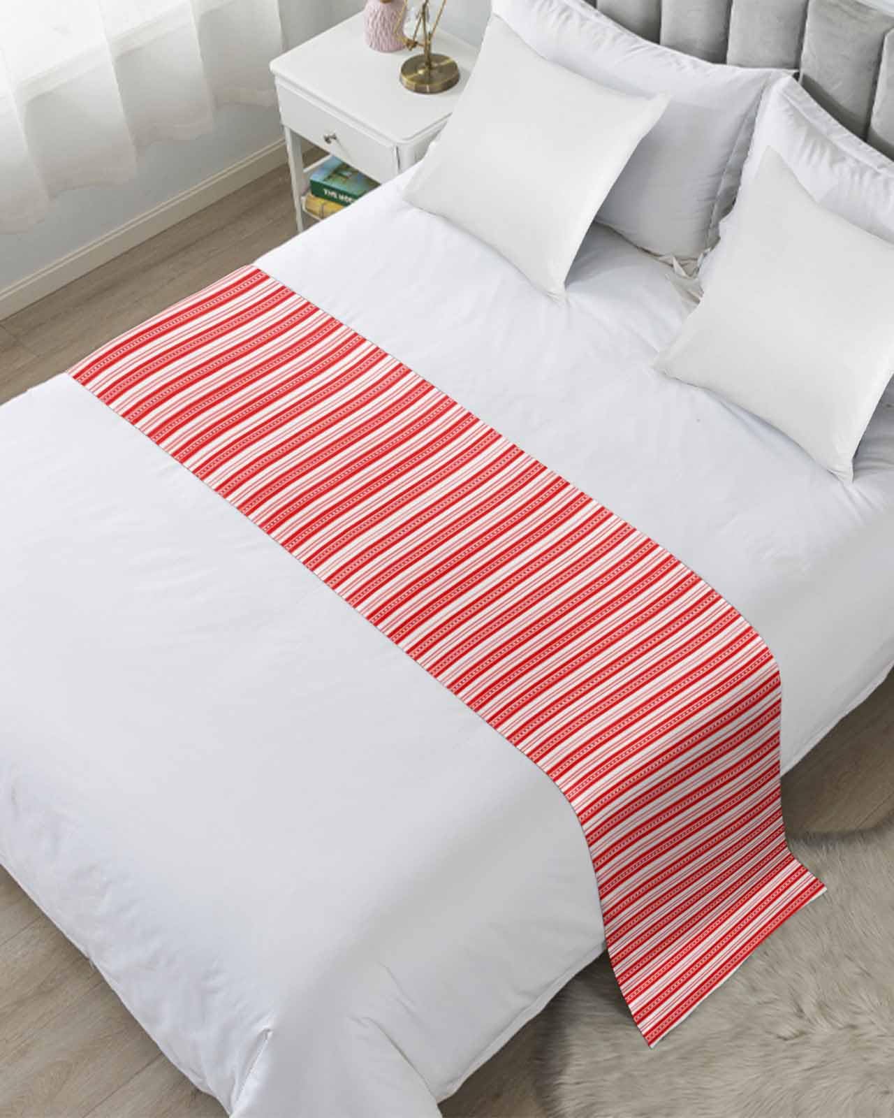 DecorLovee Boho Red Stripe Bed Runners for Queen Size Bed, Decorative Bed Throws for Foot of Bed, Abstract Geometric White Minimalist Bed Runner Sofa Throw Bedding Scarf Protector for Bedroom