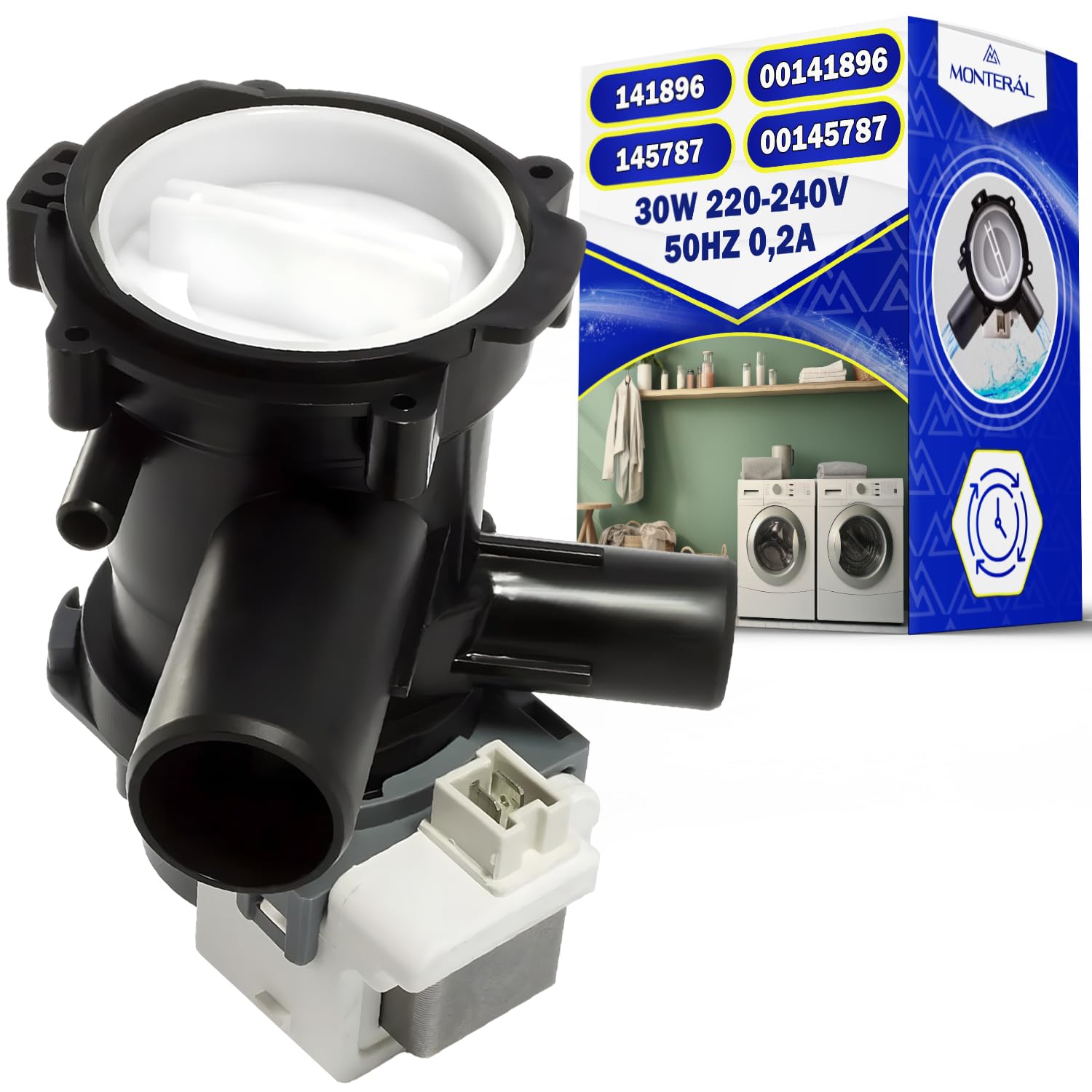 Bomba de Desagüe Lavadora 30W 220-240V 50HZ 0,2A con Número Original 141896 00141896 145787 00145787 para Bosch para Siemens - Garantía de 10 Años - MONTERAL