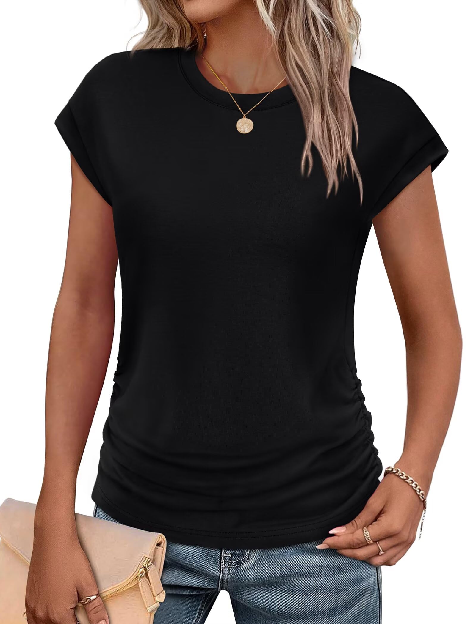 SAMPEEL Womens Summer Tops Clothing Trendy 2026 Ruched Cap Short Sleeve Tshirts Crew Neck T Shirts Fashion