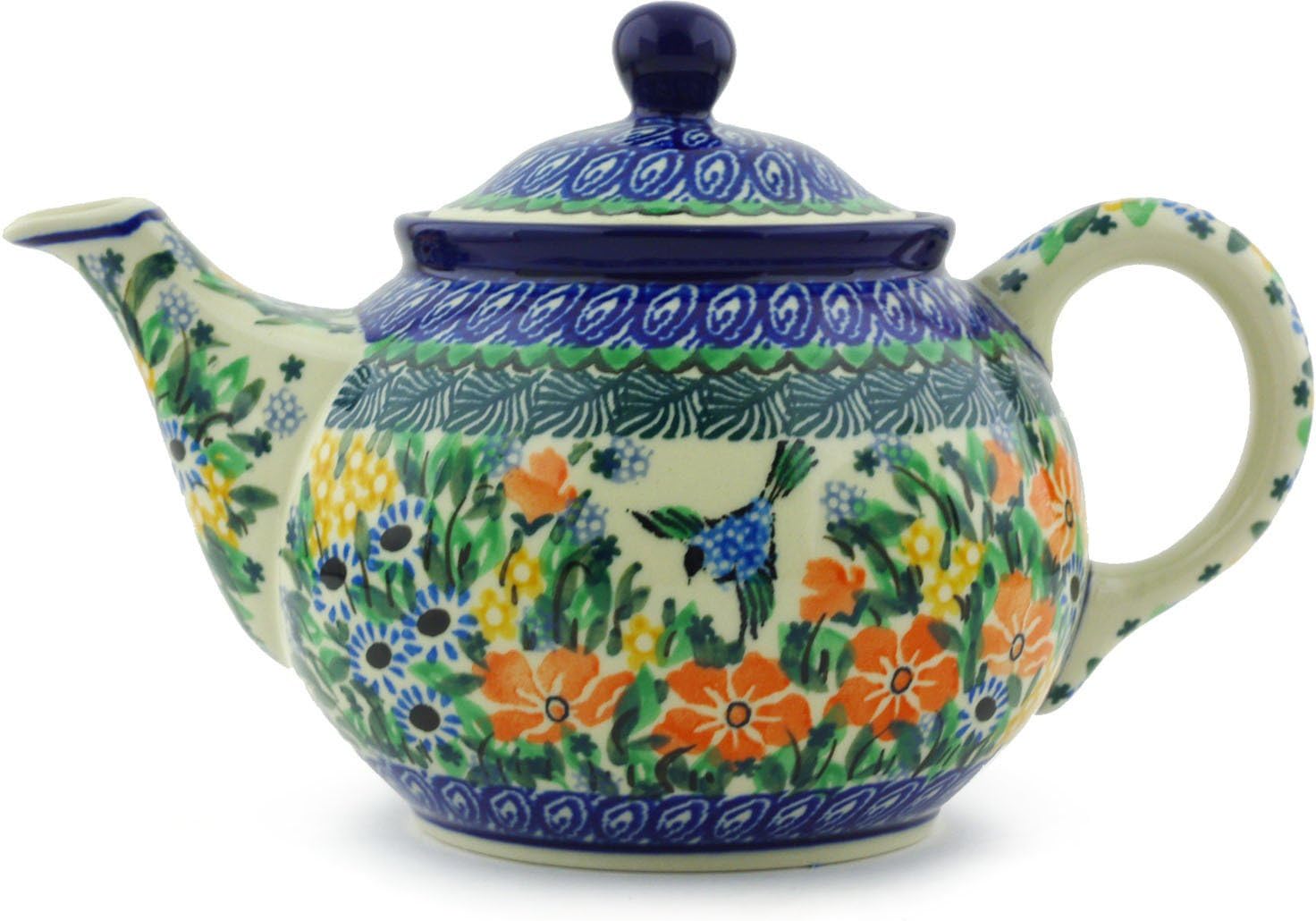 Polmedia Polish Pottery Tea or Coffee Pot UNIKAT - Birds In Flight Pattern Handmade in Boleslawiec Poland by Ceramika Artystyczna + Certificate of Authenticity