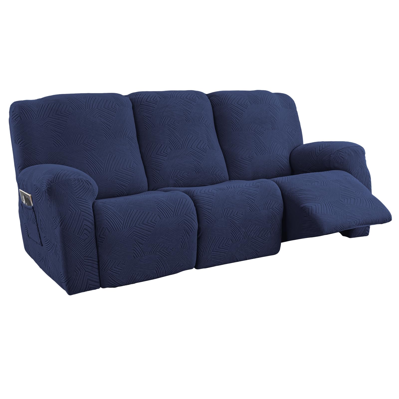 Photo 1 of Cushonix 5-Piece Recliner Sofa Covers,Stretch Geometric Strokes Jacquard Recliner Sofa Slipcovers,Seamless Furniture Protector with Pocket,Soft Breathable Couch Cover,3 Seater Navy Blue