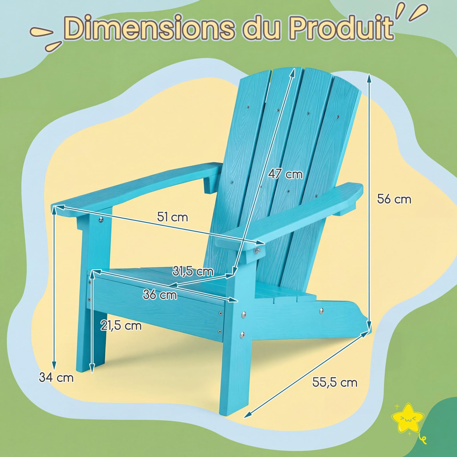 COSTWAY Chaise Adirondack Enfant en HIPS, Fauteuil de Jardin Extérieur avec Accoudoirs et Assise Ergonomique 105°, Charge 75kg pour 3-8 Ans pour Jardin Piscine Terrasse, 55,5x51x56cm (Turquoise)