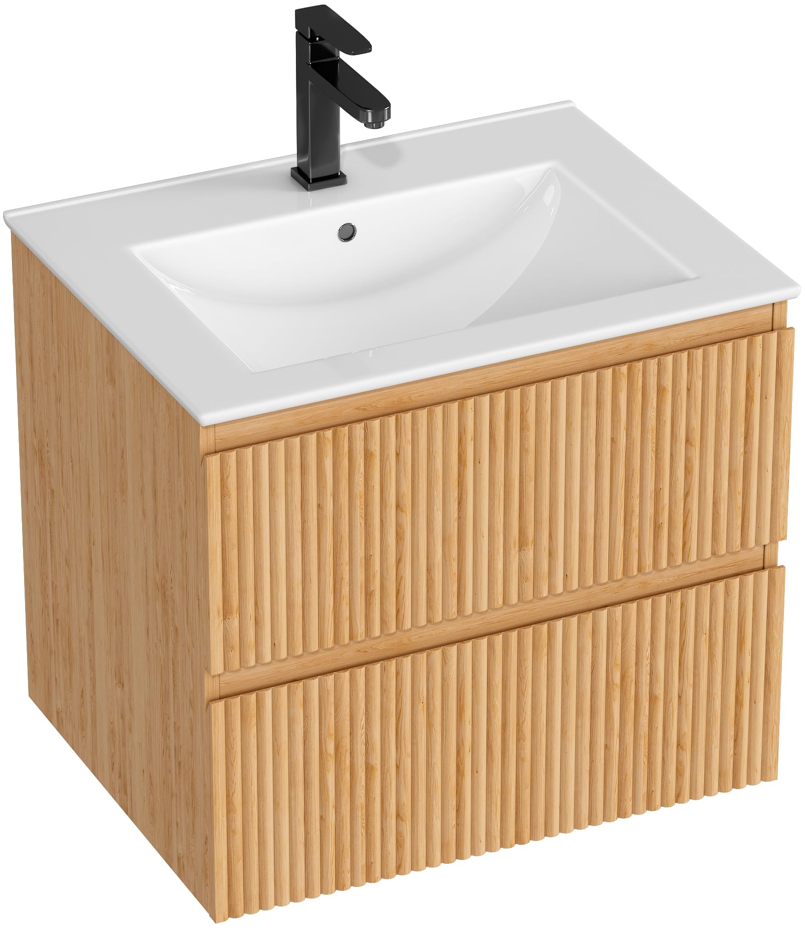 Waschtisch mit Unterschrank 60 cm, Badmöbel Set und Keramikwaschbecken, Waschbeckenunterschrank inklusive 2 Schubladen, Wandhängend, Rillendesign, Natur