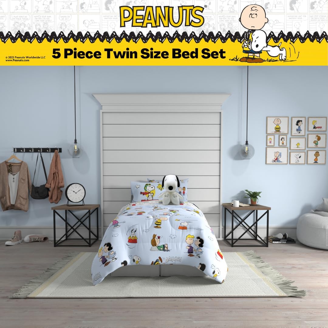 Peanuts Charlie Brown, Snoopy & Gang Bedding, 5 Piece Super Soft Cozy Reversible Comforter and Sheet Set with Sham, Twin, (100% Official Licensed Product) by Franco Collectibles