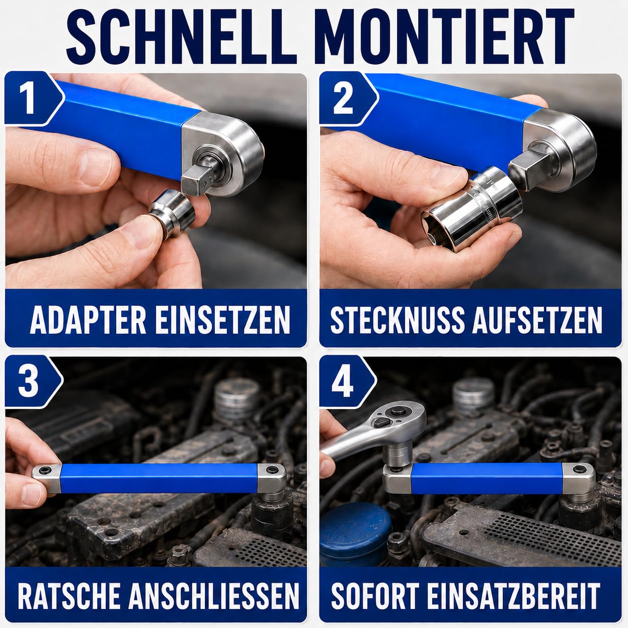 Schraubwerk Offset Schlüssel, Offsets Extension Wrench 39 cm (15 Zoll) Gekröpfter Verlängerungsschlüssel mit 1/4", 3/8", 1/2" Adaptern – Ideal für enge Räume im KFZ-Motorraum – Offset Adapter