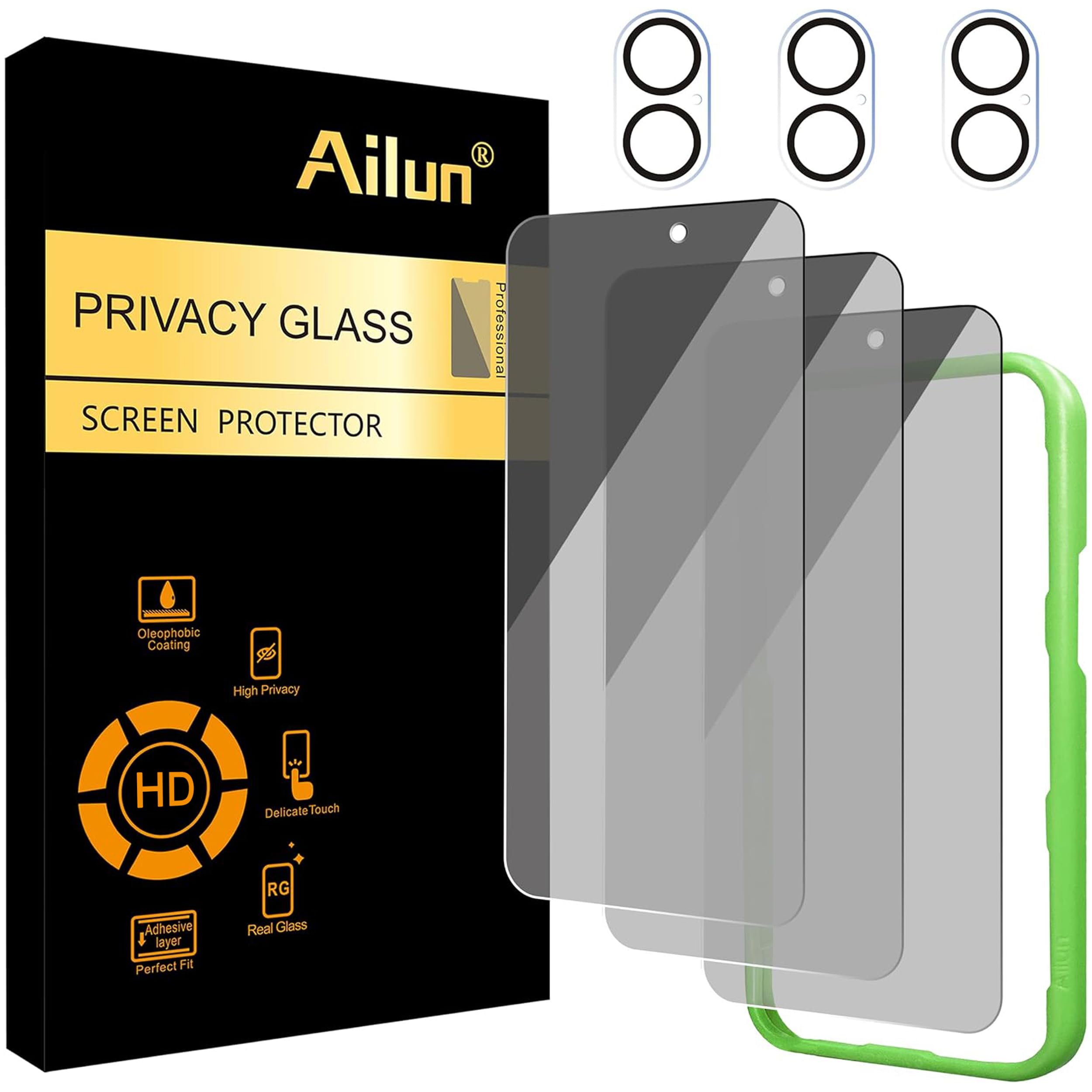 Ailun Privacy Screen Protector + Camera Lens Protector for iPhone 17 | 3+3 Pack, 6.3 Inch, Installation Frame, Dynamic Island Compatible, Anti Spy Tempered Glass, Case Friendly