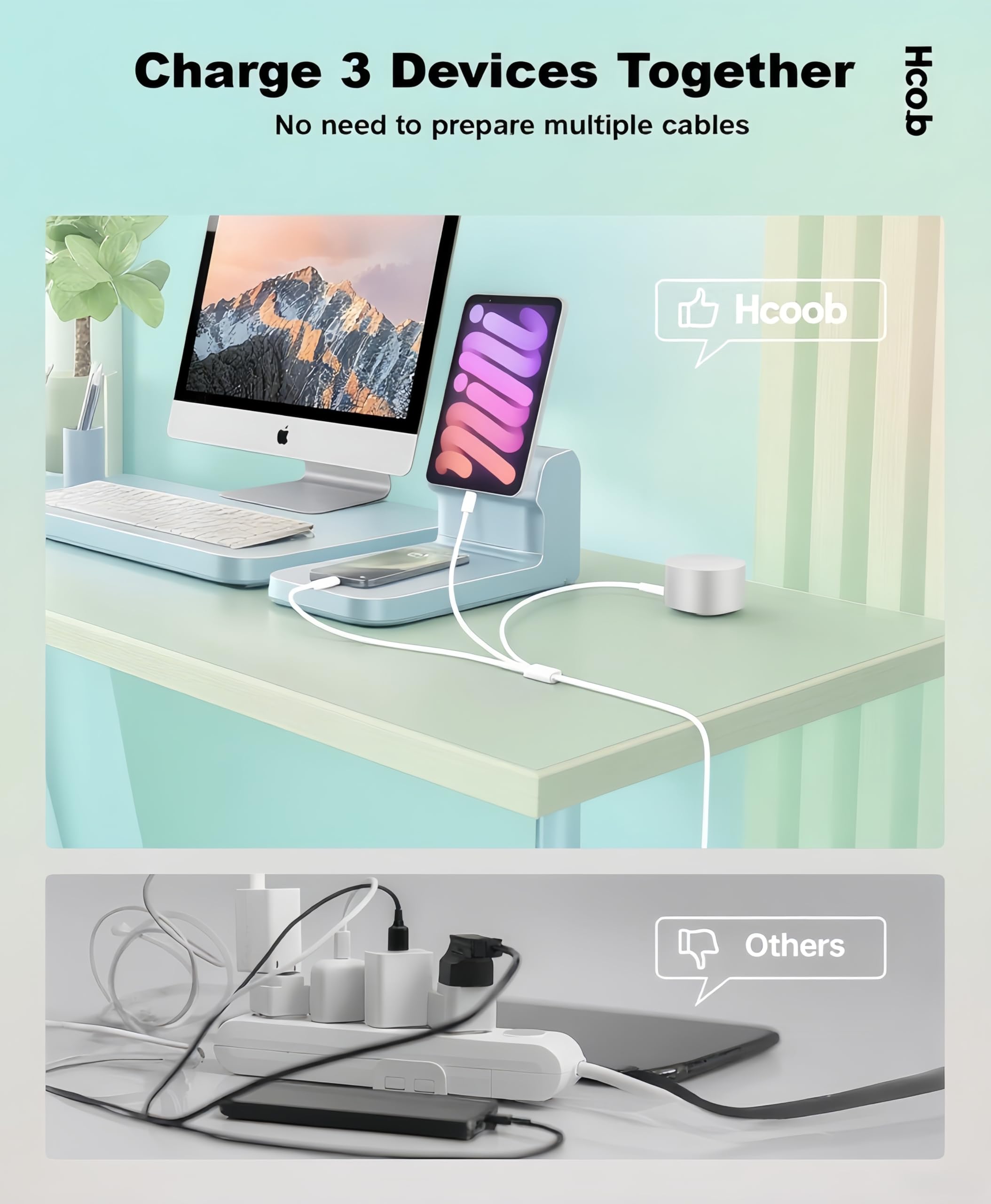 Cavo di ricarica multiplo USB C 1,8 m, cavo di ricarica 3 in 1 e cavo Lightning per caricabatterie rapido per più dispositivi, triplo caricabatterie universale con USBC a connettori multipli per