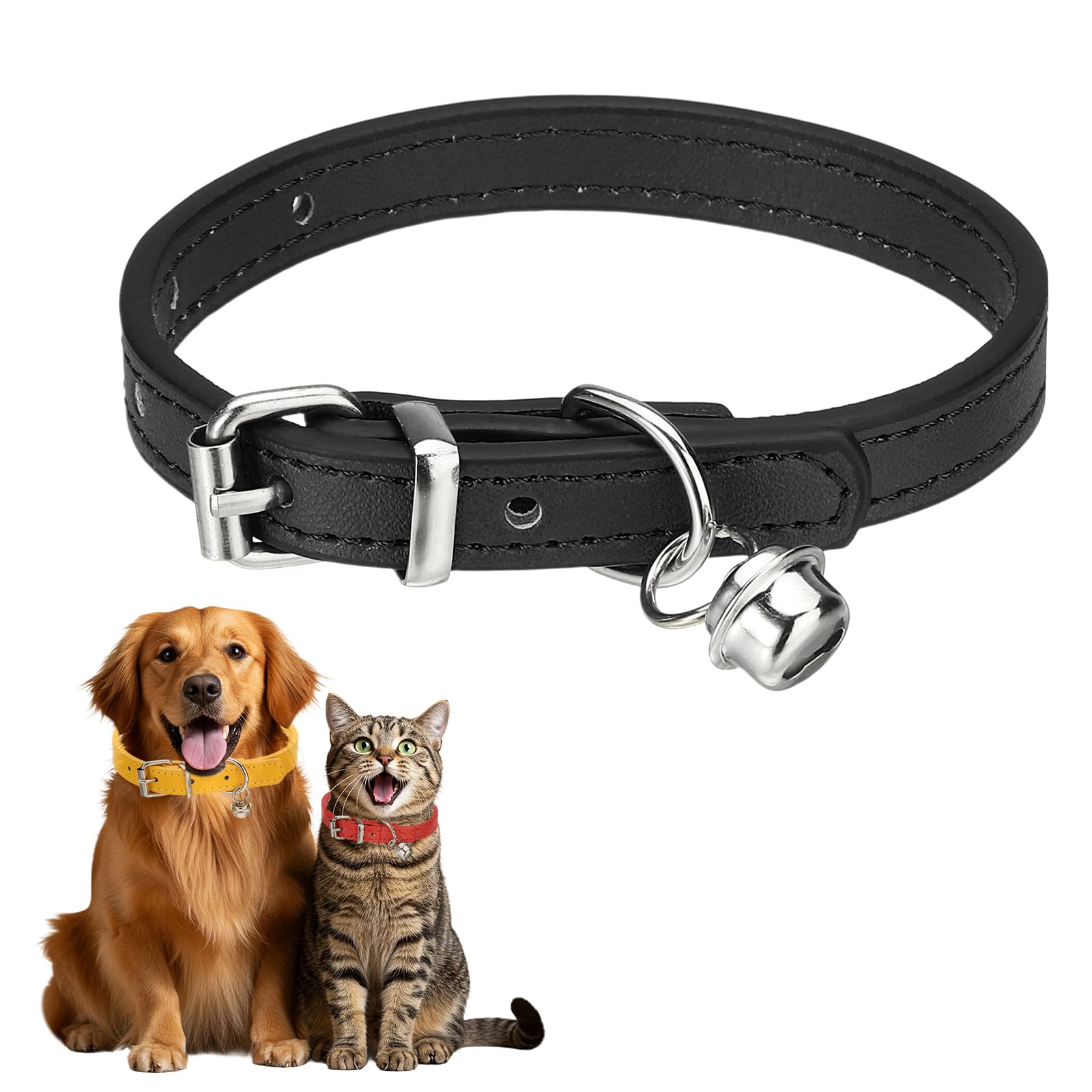 sourcing map Dog Collar with Bell, Pu Leather Cat Collars Pet Basic Soft Padded Adjustable Buckle, 10" (Black, 1 Pcs), Intended for Teacup/Little Dog/Kitten Cats/Small Animals