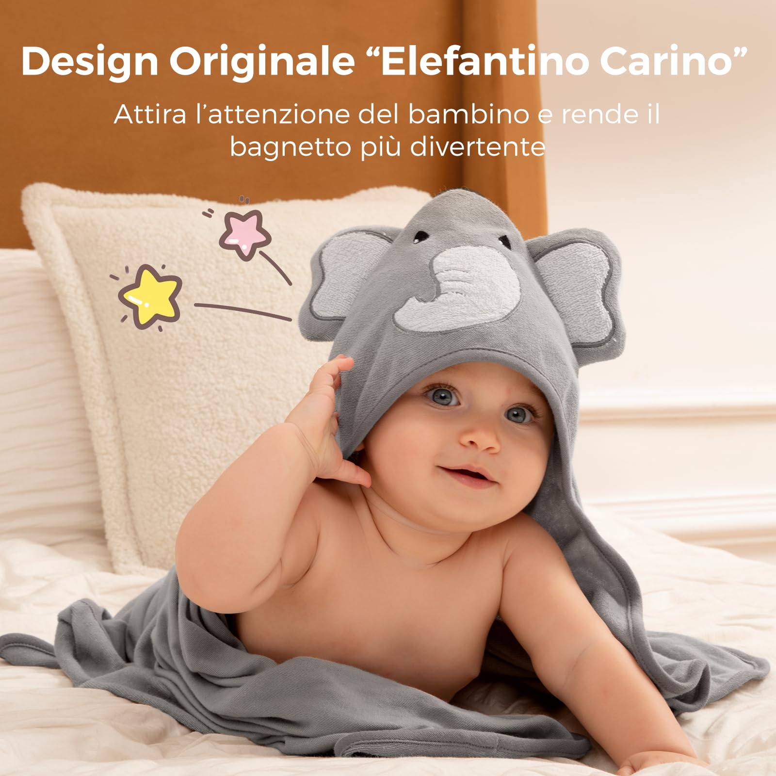 momcozy Set Asciugamani per Bambini 8 pz con Cappuccio, 2 Accappatoi Neonato 76x76 cm + 6 Quadrati Cotone 24x24 cm, Morbido e Super Assorbente, Elefante – Regalo Nascita Bimbo, Regali Neonata Femmina