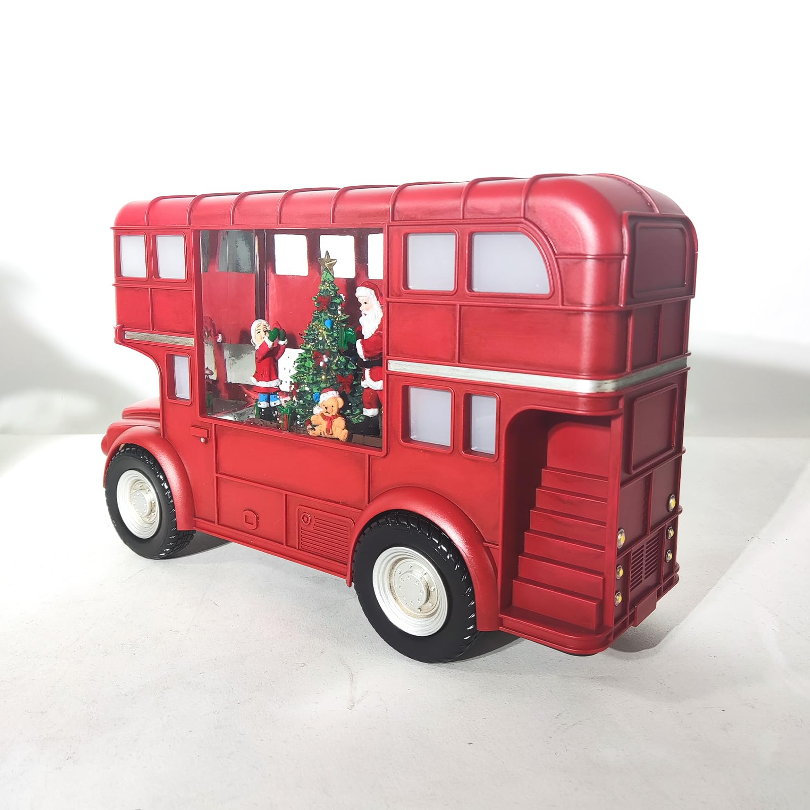 Christmas Snow Globes Lantern, 11.4" Red Bus Appearance Water Glittering with Music (8 Songs), 6H Timer Cylinder USB Lined/Battery Operated Lighted Lantern Vintage Christmas Decor