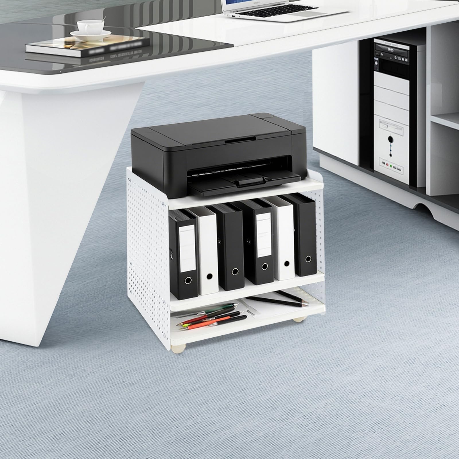 Soporte para impresora, mesa de impresora con ruedas, soporte para impresora con 3 niveles, capacidad de carga de 88 kg, 4 ruedas (2 con frenos), altura ajustable, diseño moderno para oficina