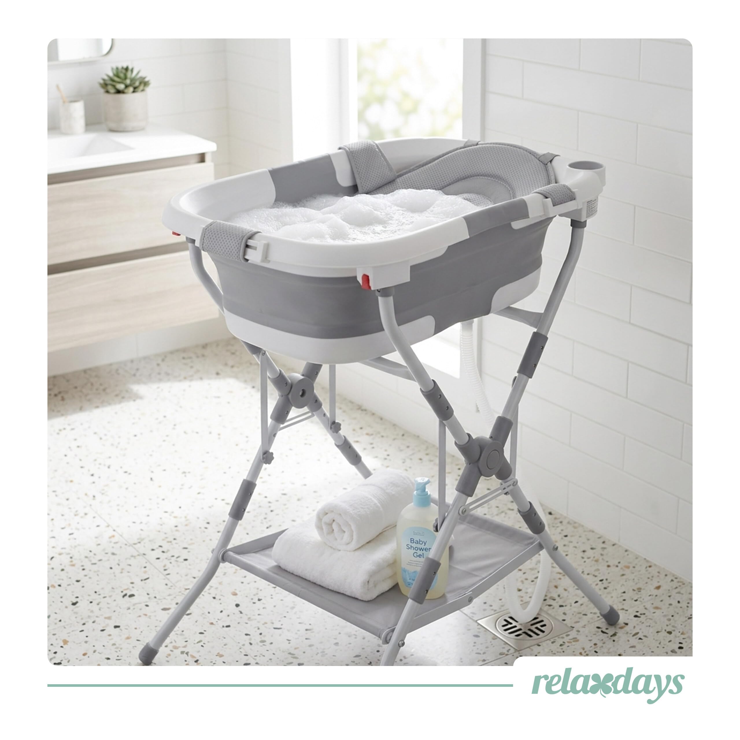 Relaxdays Babybadewanne faltbar, mit Gestell & Kissen, Babywanne, weiß/grau | bis 40 kg, HBT: 20,5x65x45,5 cm, Badewanne