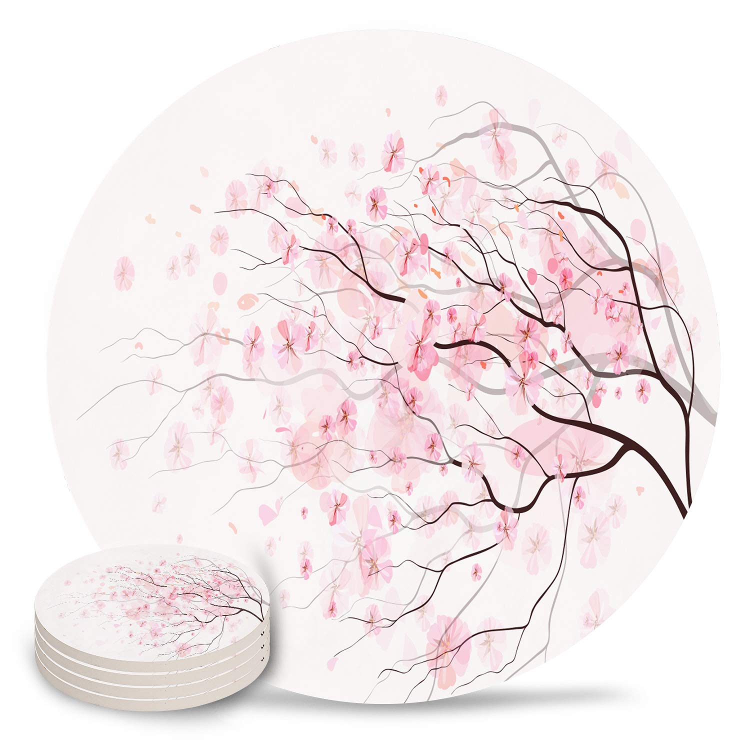 Vibiliyou 011 A 4-Piece Set Of Unique Absorbent Ceramic Drink Coasters,Featuring Pink Sakura Designs,With Cork Backing,Ideal As A Gift For Bar Home/Housewarming Decorations