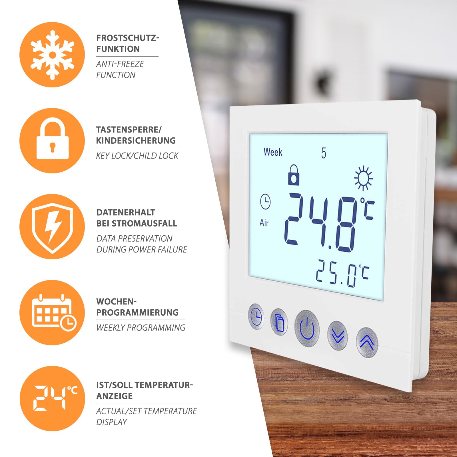 Thermostat numérique encastré blanc avec écran de 8 cm de diagonale - Programmation hebdomadaire - Sécurité enfant - Pour chauffage au sol électrique ou à eau