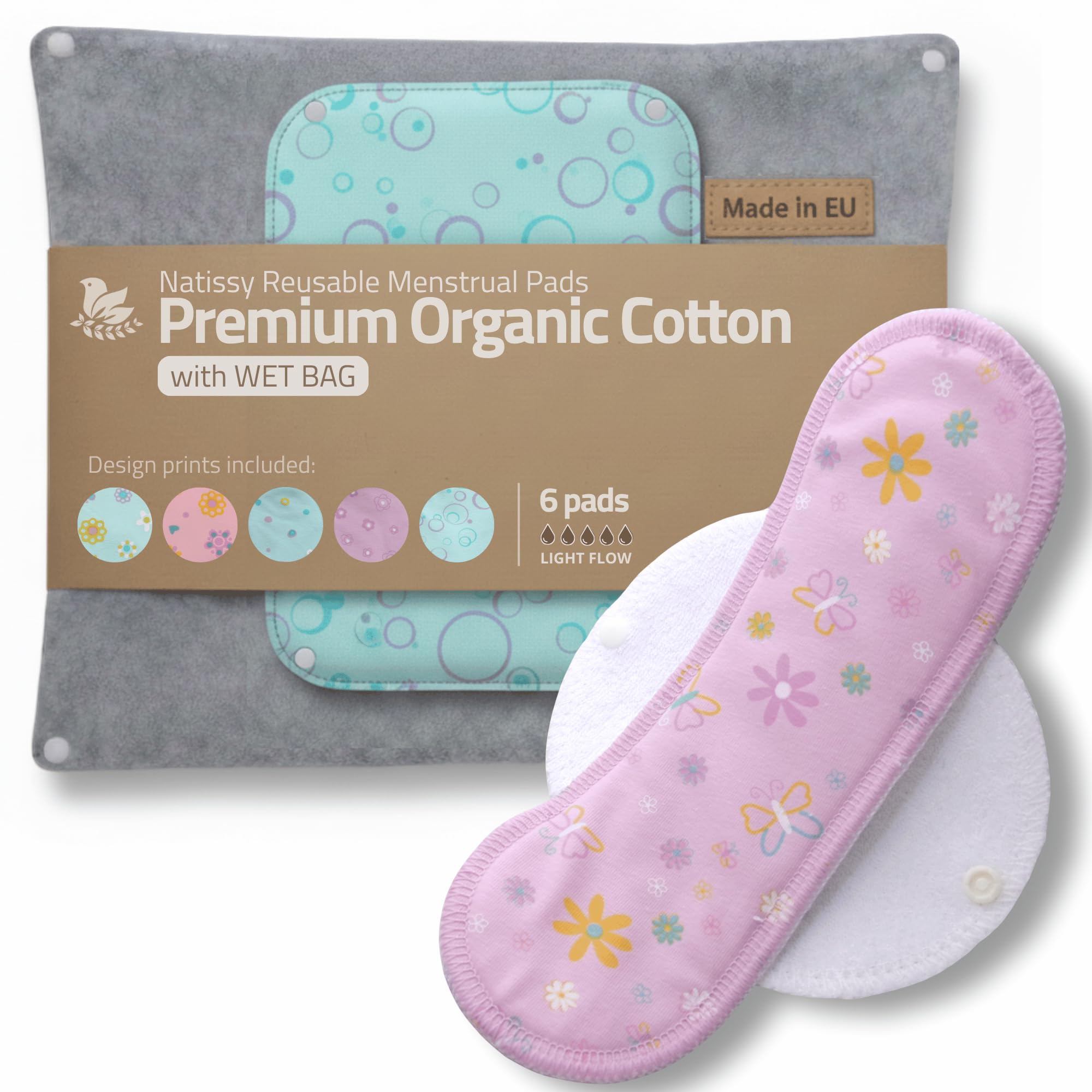 Made in EU – Reusable Sanitary Pads for Light Flow (6 Pack, S+M) – High-Temp Washable, Durable Cloth Period Pads for Women & Teens – Breathable Organic Cotton & Secure-Fit for Menstrual Comfort