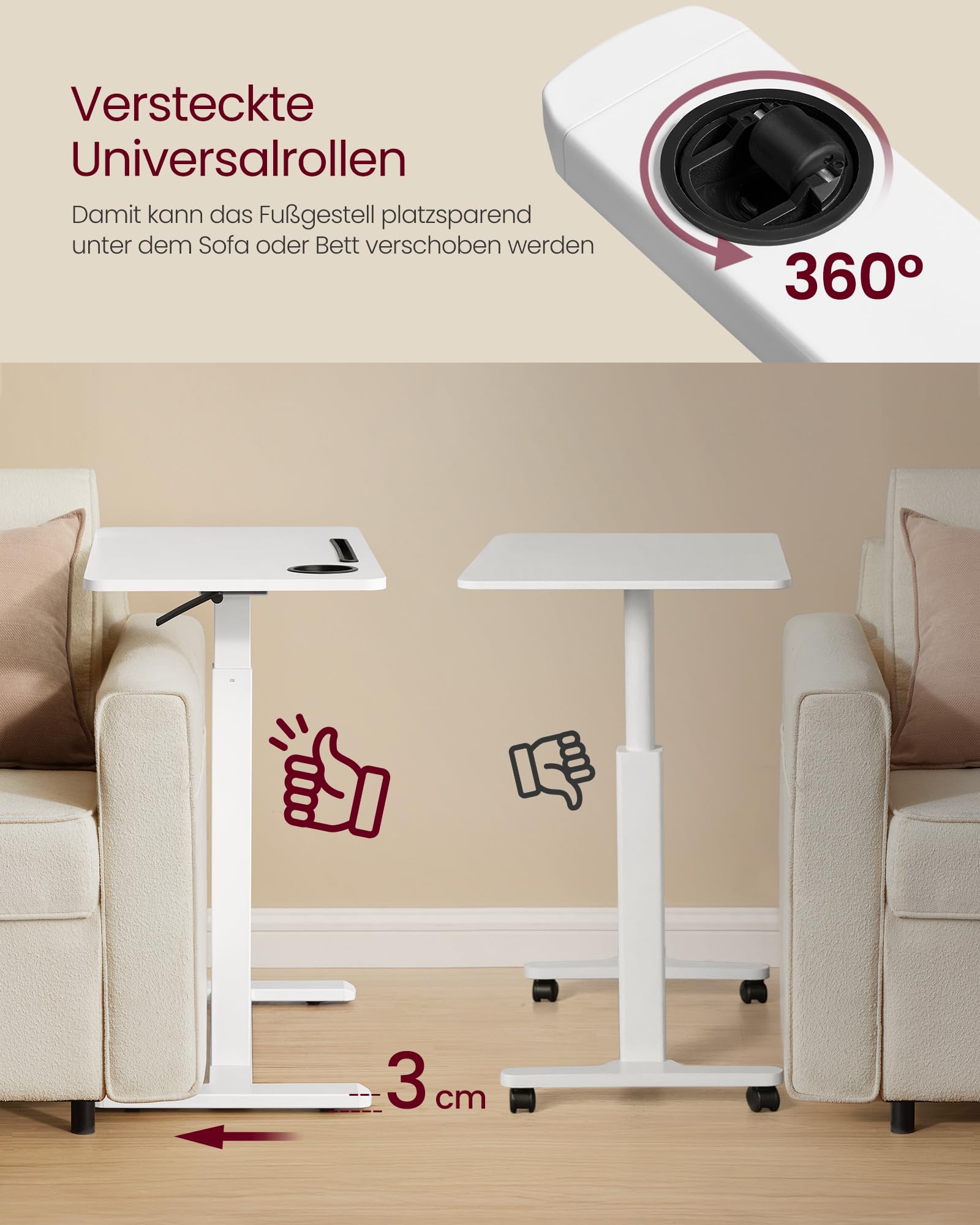 VASAGLE Beistelltisch mit Rollen, mobiler Stehtisch, 70 x 40 cm, verstellbare Höhe, 2 Getränkehalter, wolkenweiß