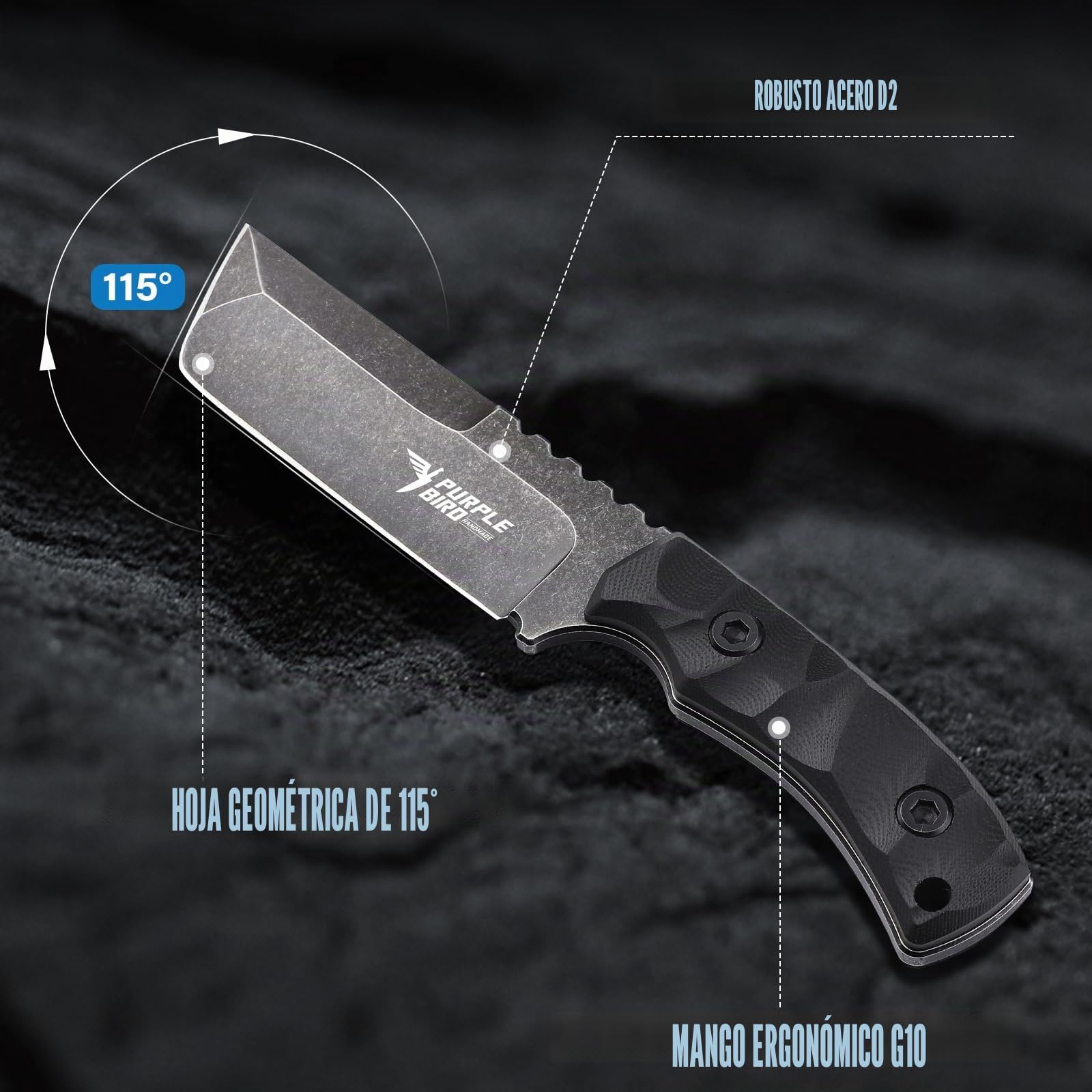 PURPLEBIRD Cuchillo Caza Hoja Fija Bushcraft para Exterior | Cuchillo de hoja fija para bushcraft, camping y aventuras en naturaleza.